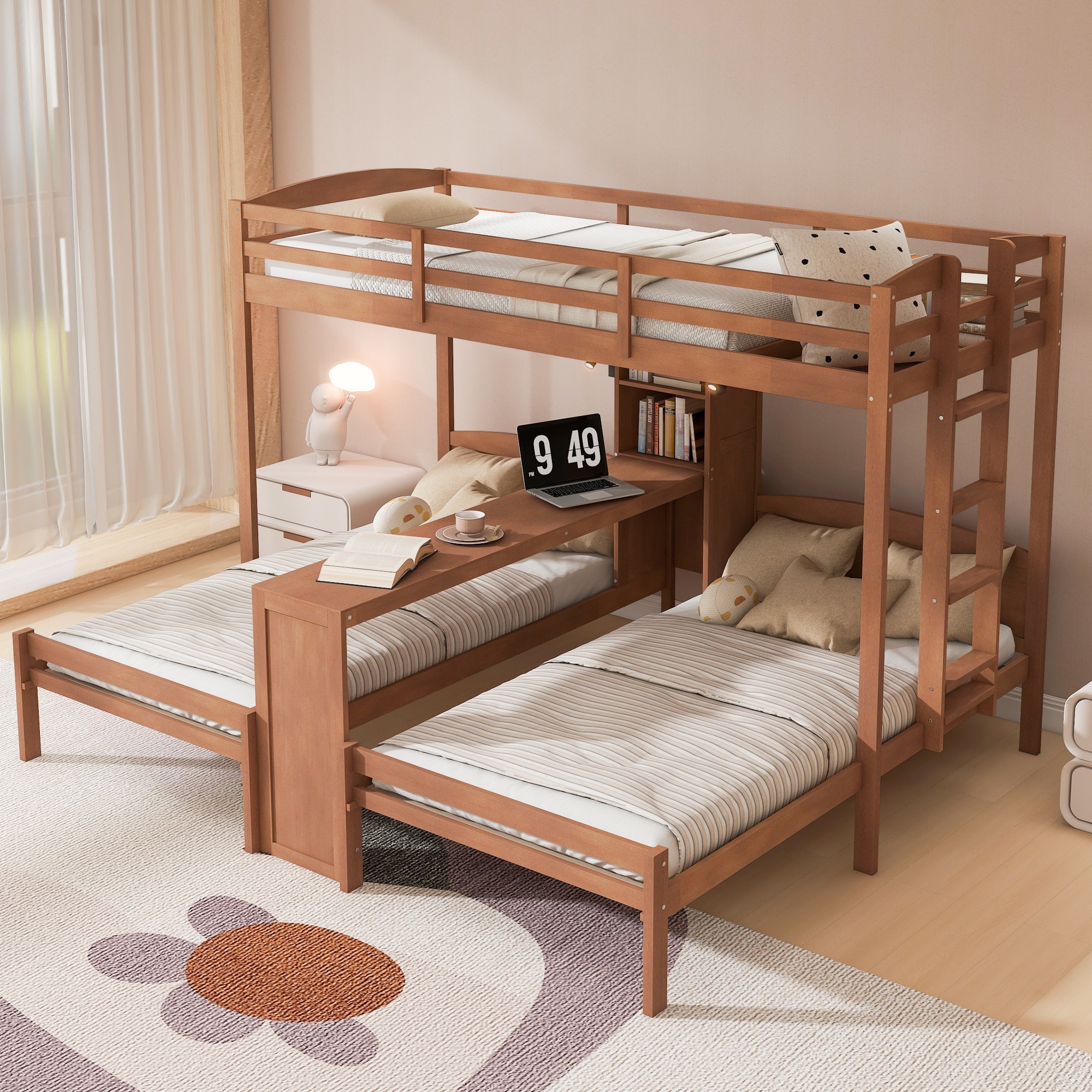 Bellemave Twin over Twin and Twin Bunk Bed with Built in Desk and Storage Shelves Reading Lamp 3 Beds in 1 Space Saving Solid Wood Triple Bedframe for Kids Bedroom Natural