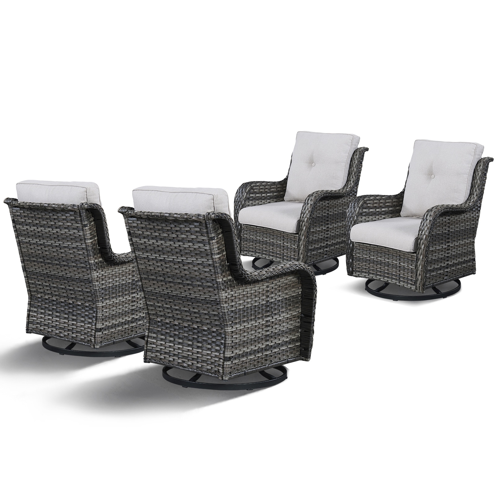 Rilyson FS024-2X2 Curved armrest Set of 4 Wicker Gray Wicker Frame Swivel rocker Rocking Chair with Gray Gray Cushioned Seat