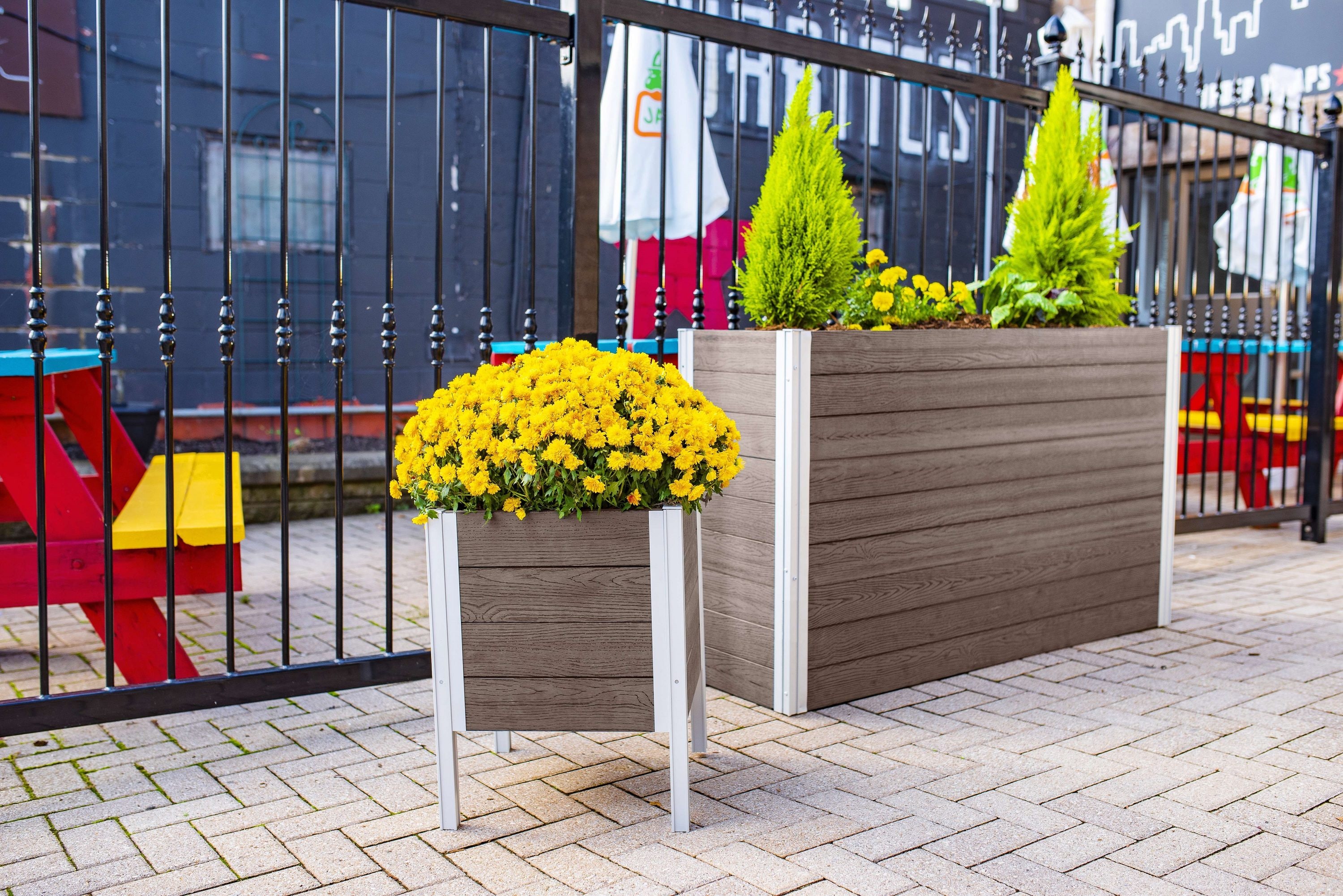 Urbana Espresso Brown Embossed Vinyl Raised Planter with Silver Aluminum Posts