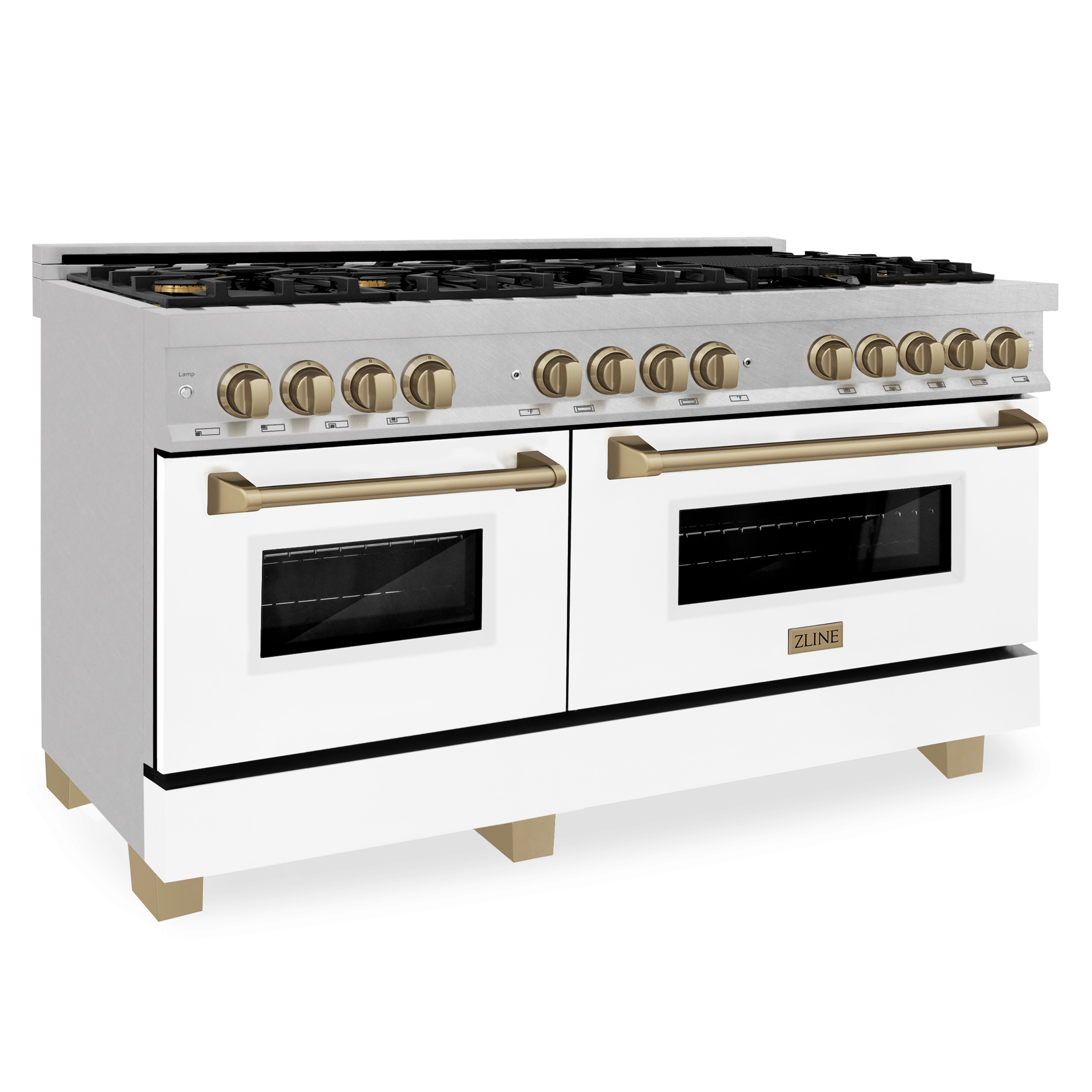 ZLINE KITCHEN & BATH RASZ-WM-60-CB Legacy 60-in 4.6-cu ft / 2.8-cu ft Convection Oven Freestanding Double Oven Dual Fuel Range ( Stainless Steel, White Matte Doors, Polished Gold Accents )