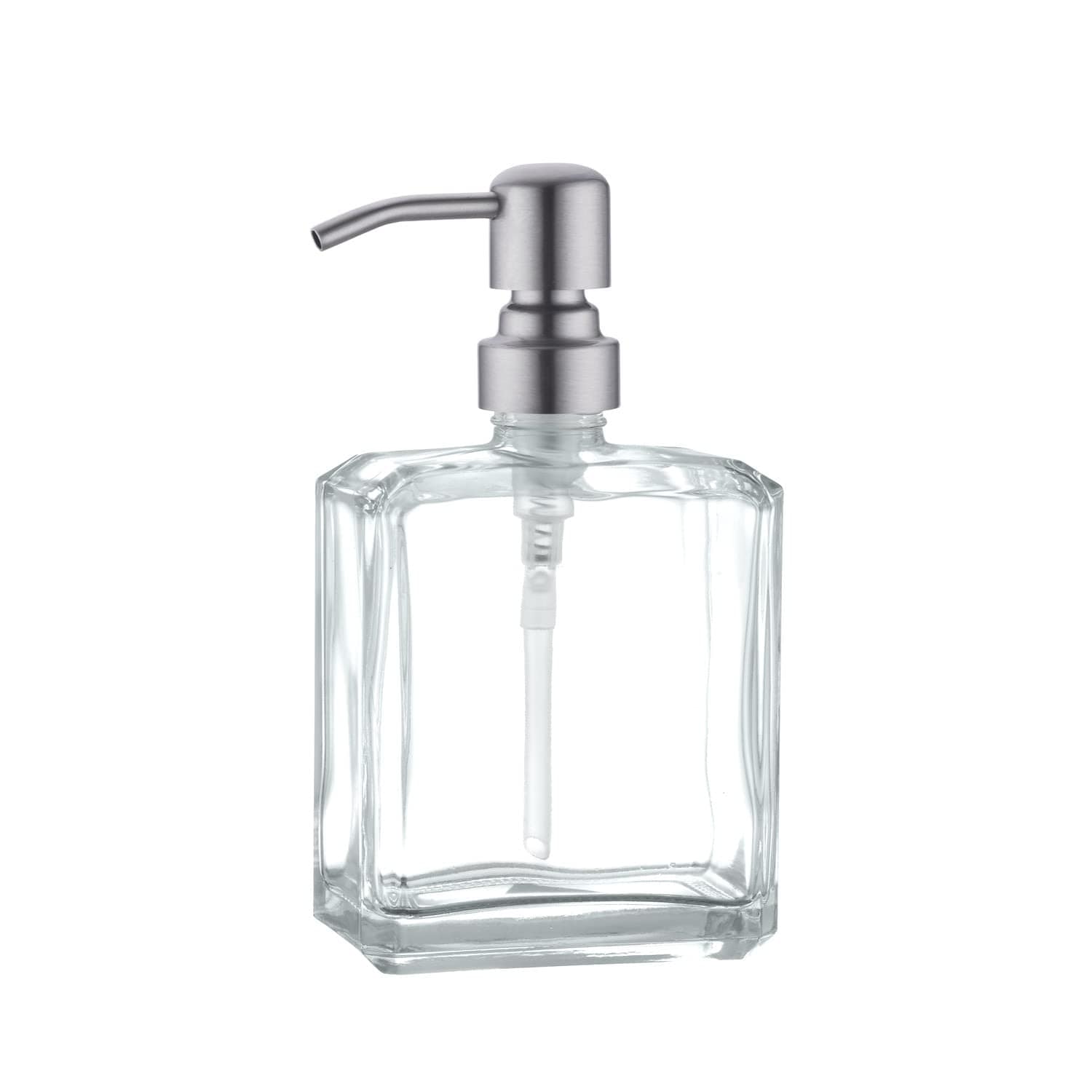LILILIAN FMY  Square Clear Glass Dish Soap Dispenser with Rust Proof Stainless Steel Pump 13.5 oz Capacity for Bathroom Vanity and Kitchen