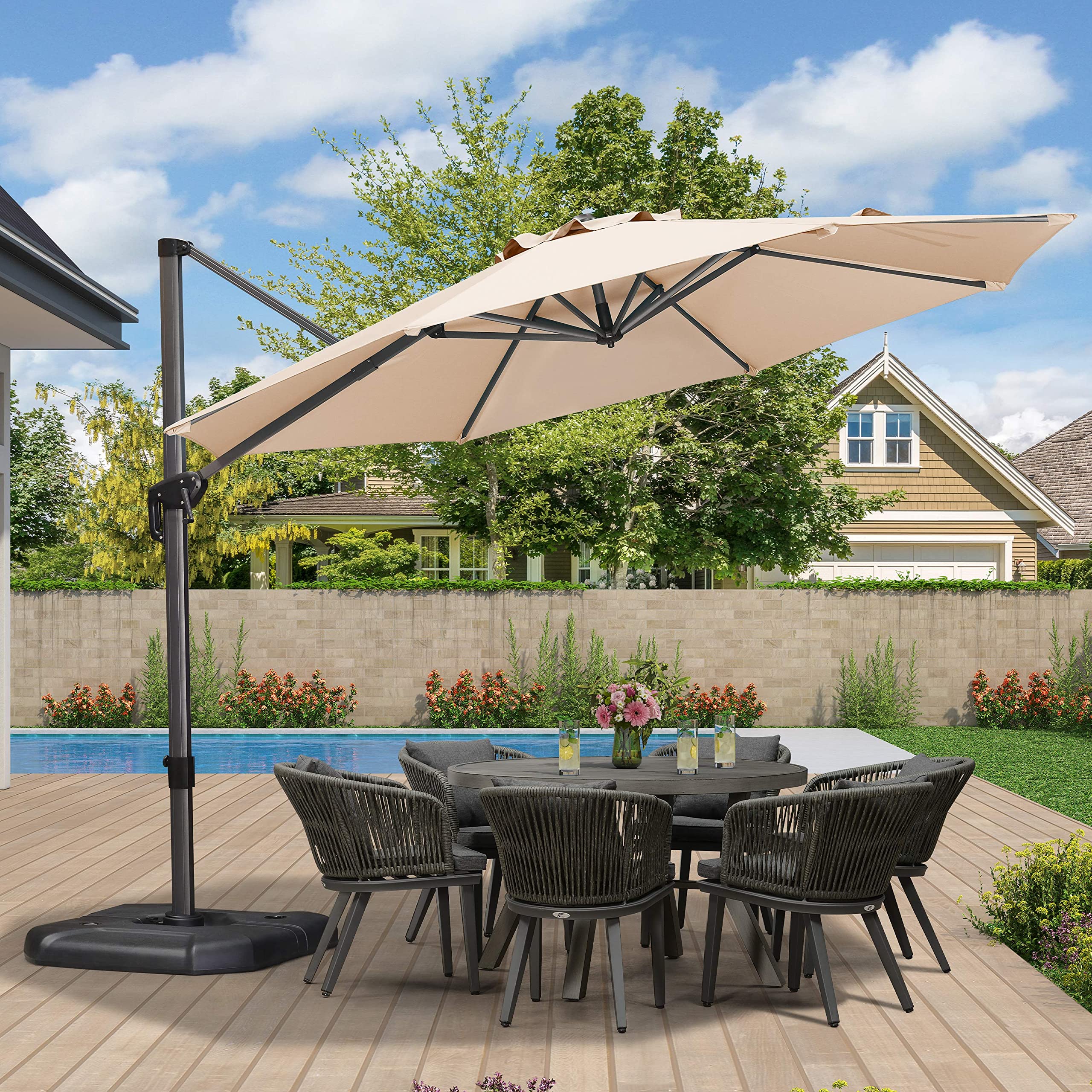 PURPLE LEAF LS04XHR10-KK 10-ft Aluminum Beige Crank Cantilever Patio Umbrella
