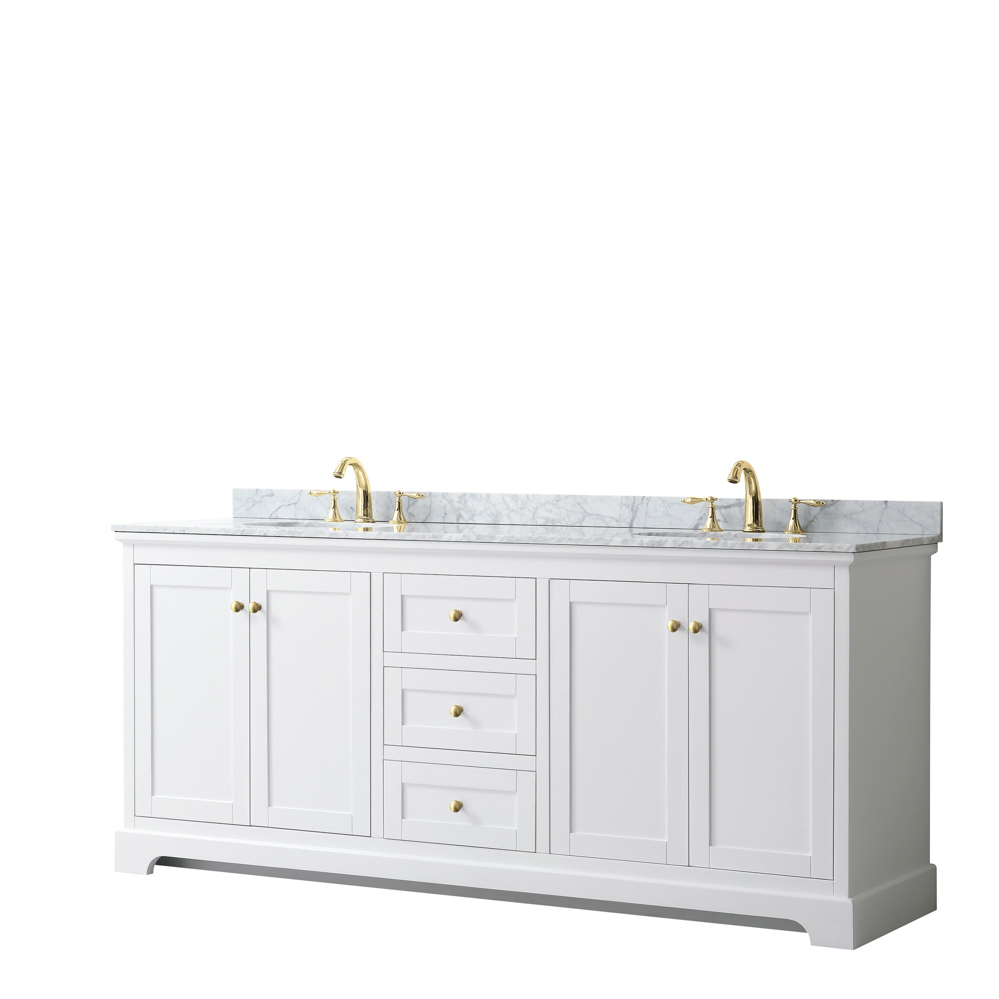 Wyndham Collection WCV232380DWGCMUNOMXX Avery 80-in White with Brushed Gold Trim Undermount Double sink Bathroom Vanity with White Carrara Marble Marble Top