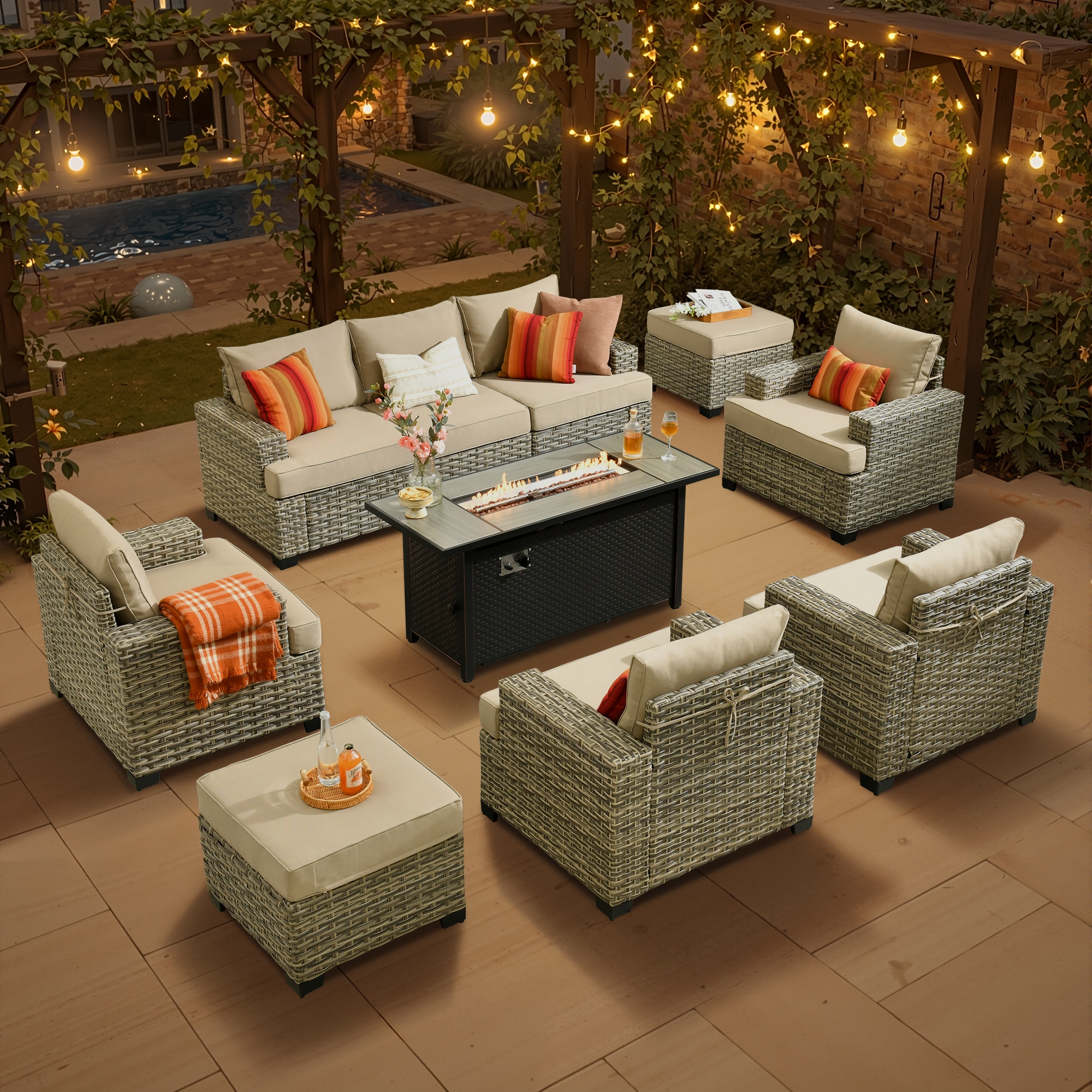 XIZZI XITBS6075-54IFP Agate 8 -Piece Rattan Patio Sofa Conversation Set with Beige Cushions