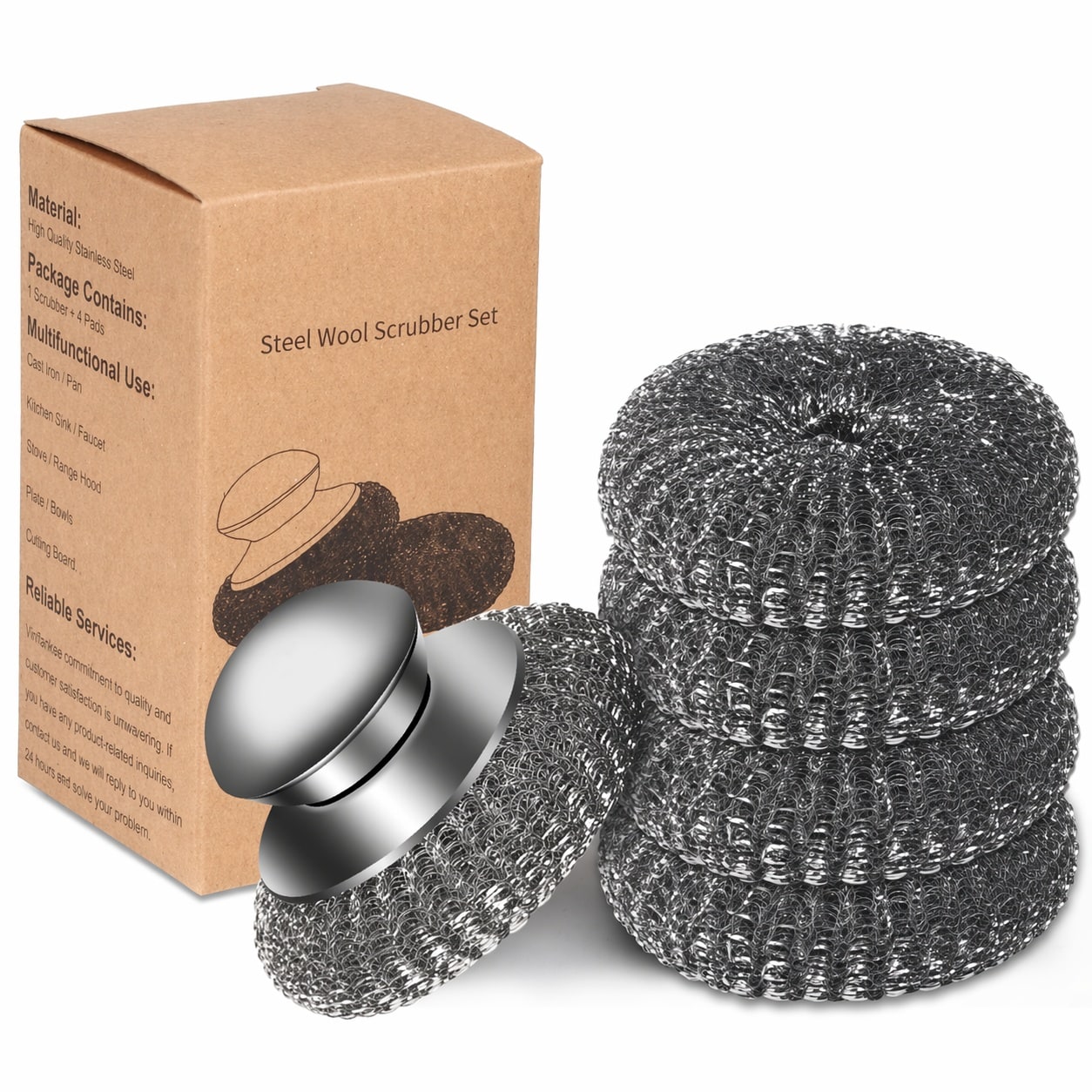 LAIFUCAM  5 pcs Steel Wool Scrubber Set with Handle and 4 Replacement Pads for Cleaning Cast Iron Pots Pans Grill Stoves and Sinks