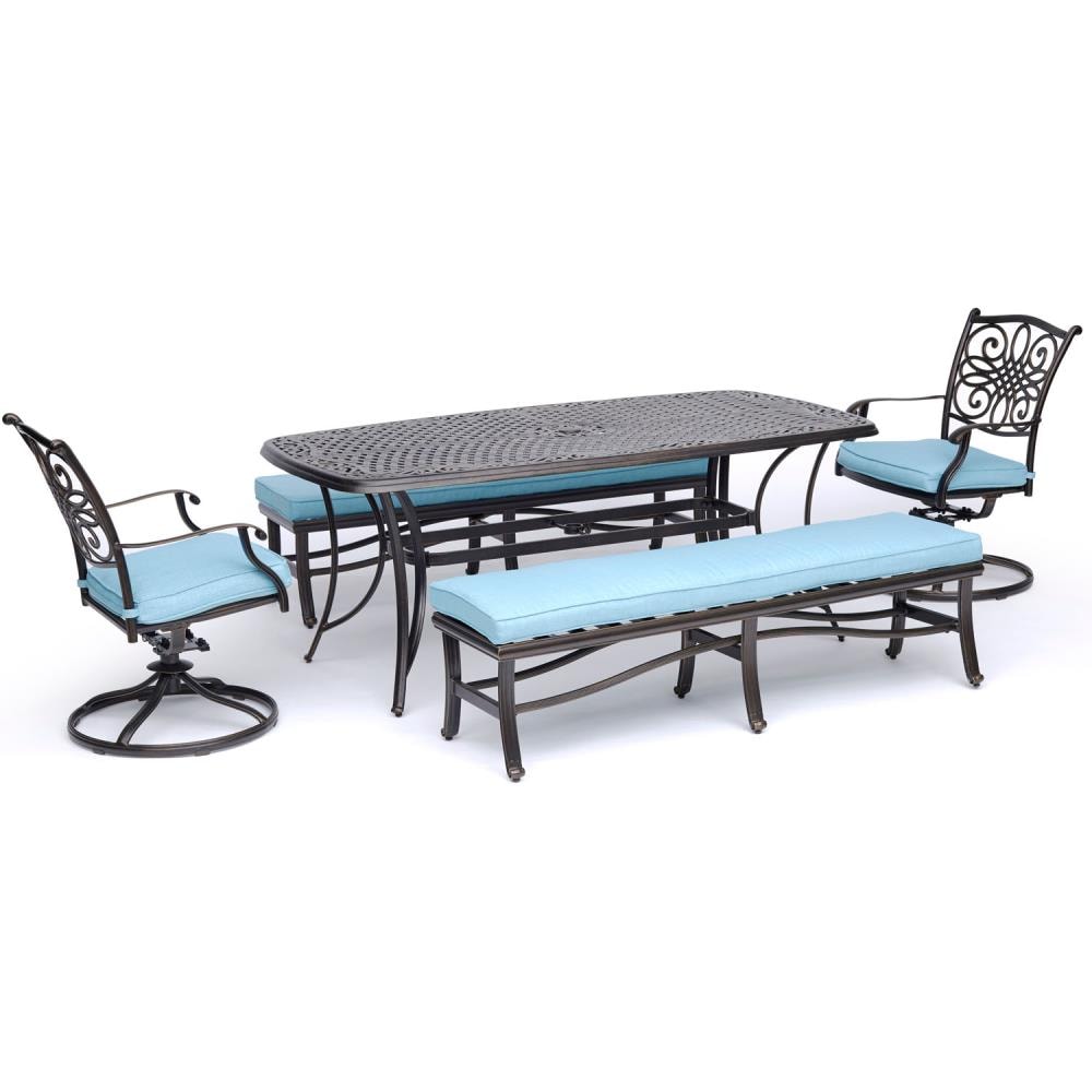 Hanover TRADDN5PCSW2BN-BLU Traditions 5-Piece Bronze Patio Dining Set with 8 Stationary Chairs with Blue Cushions