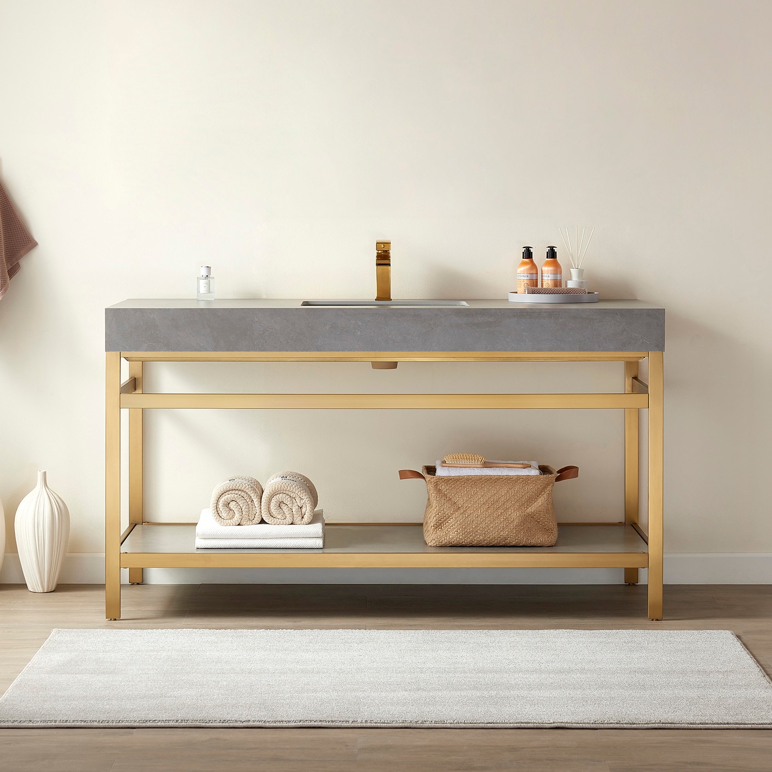 Vinnova 60-in Brushed Gold Stainless Steel Undermount Single Sink Bathroom Vanity with Gray Sintered Engineered Stone Top | 702560-BG-WK-NM -  702560-BG-SMB-NM