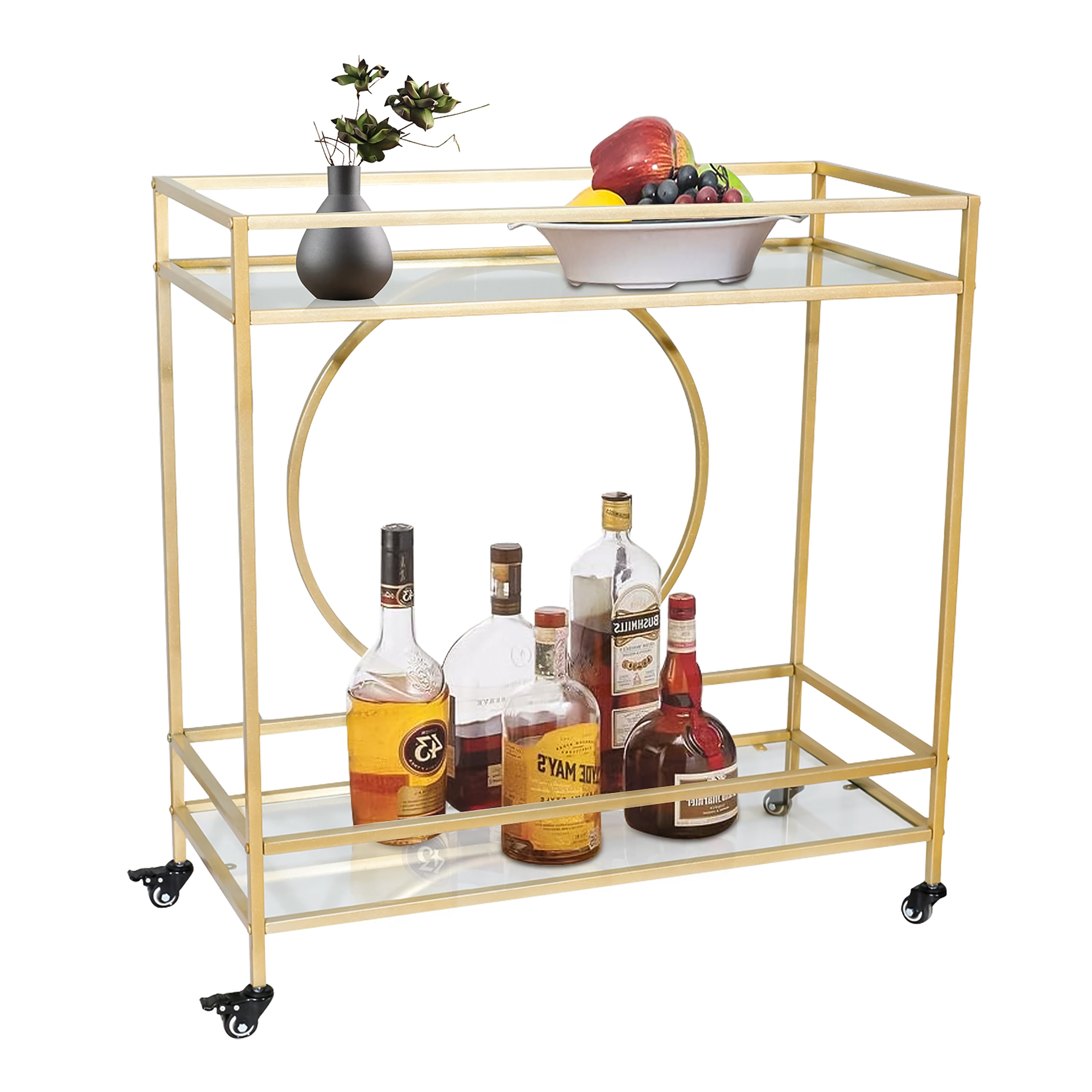 Winado Gold Metal Base With Glass Top Rolling Kitchen Cart (15.75-in X 