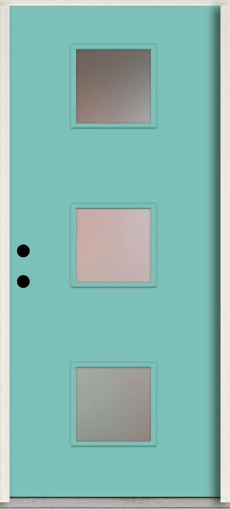RELIABILT LO1066724 Spotlights 32-in x 80-in x 4-5/8-in Fiberglass 1/4 lite Right-hand inswing Caribbean Blue Paint Painted Prehung Front Door Insulating core