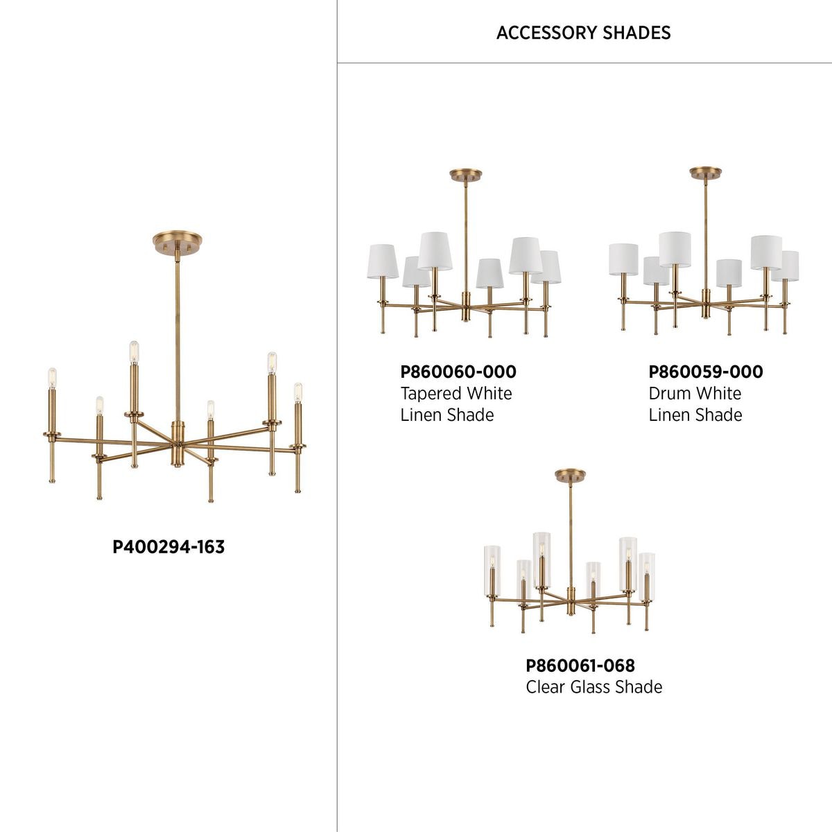 Elara Vintage Brass 6-Light Chandelier with Clear Glass Shades