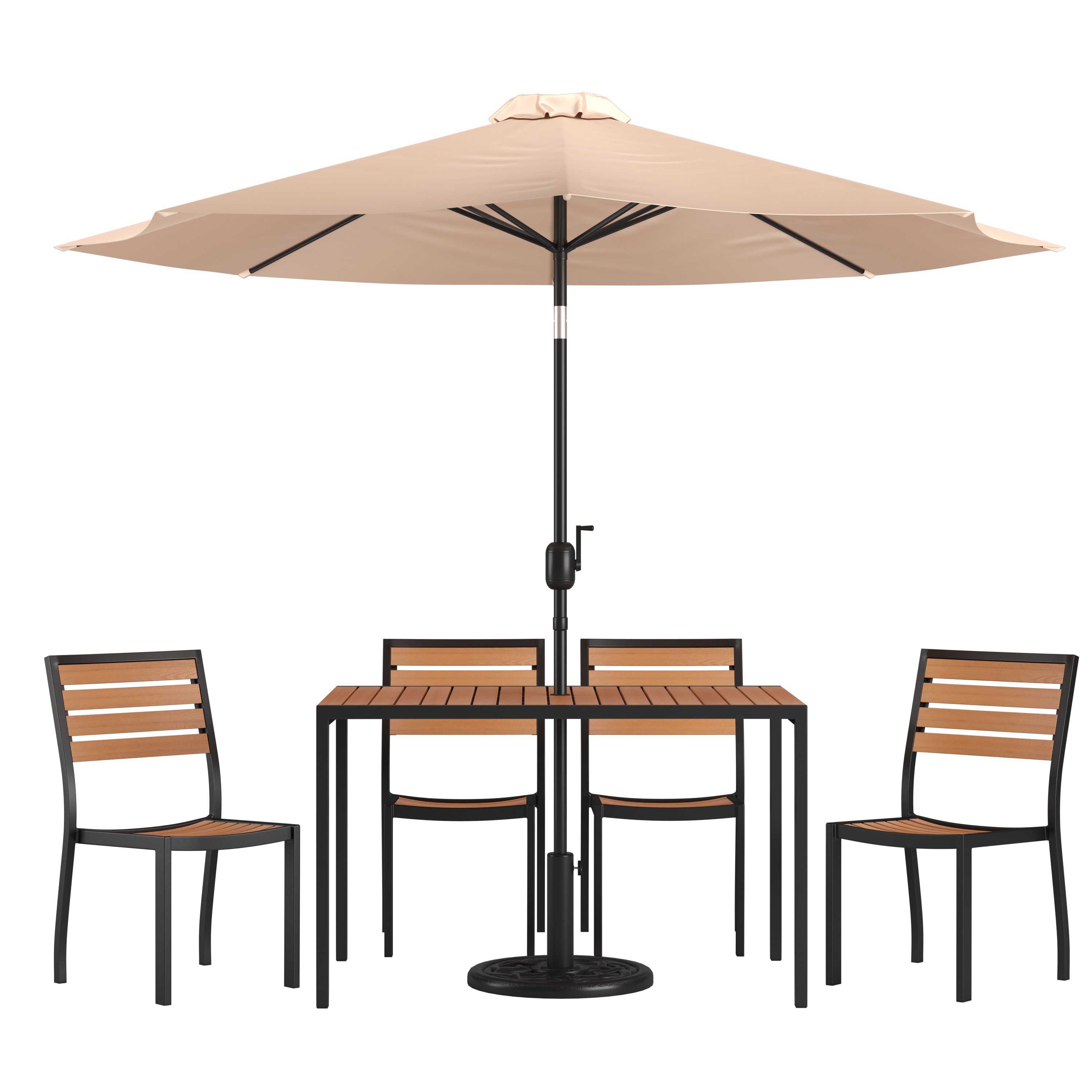 Flash Furniture 840196341026 Lark 7 Piece All-Weather Deck or Patio Set - 4 Stacking Faux Teak Chairs; 30-in x 48-in Faux Teak Table; Tan Umbrella and Base