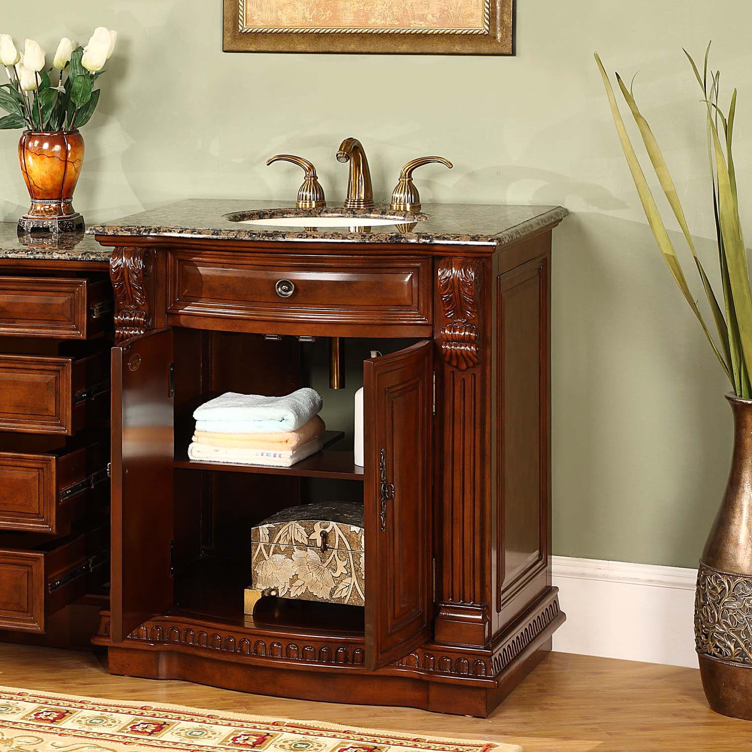 Silkroad Exclusive 84.5-in Cherry Double Sink Bathroom Vanity with Baltic Brown Granite Top