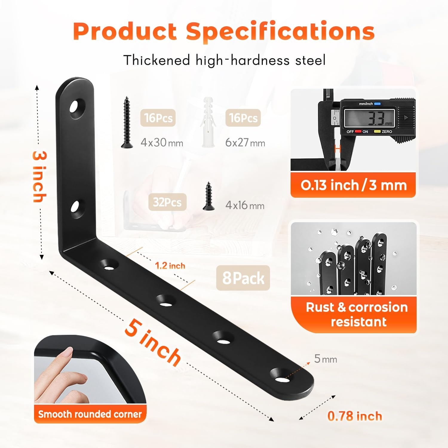 Aoibox -  Corner Brace 8 Pcs Shelf Bracket Heavy Duty Black Steel L Corner Brace Decorative Joint...