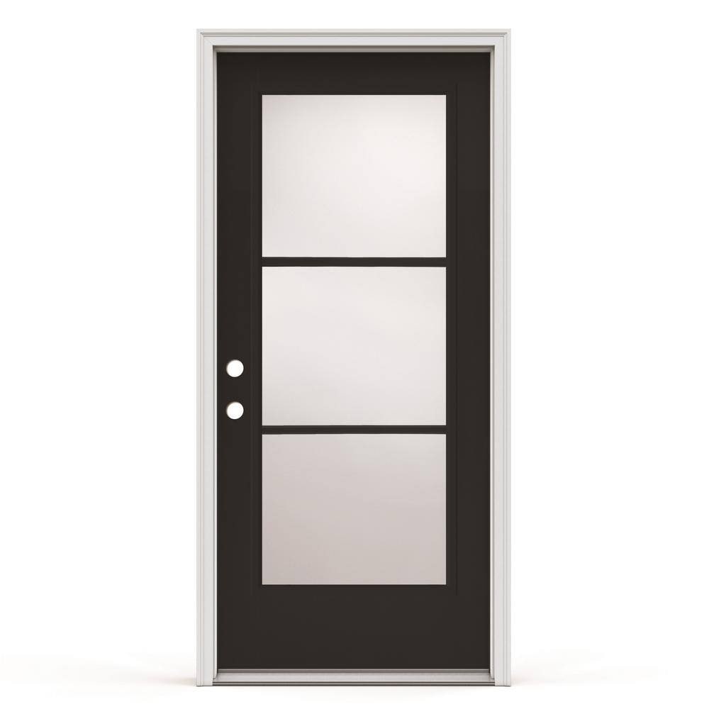JELD-WEN LOWOLJW250100074 Steel Full lite Right-hand inswing Black Painted Prehung Front Door with Brickmould Insulating core with Grilles