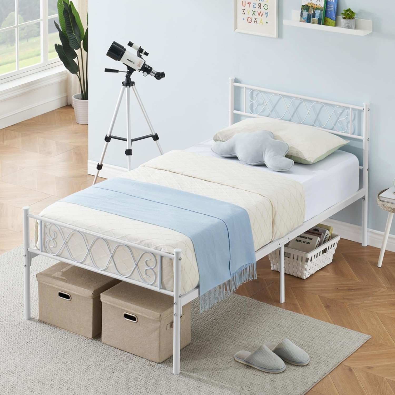Qeetex LHF-BED-PHO-0Z6JDCGW Twin-XL Bed Frame with Iron-Art Sweet Heart Metal Metal Slats Support Platform Bed Frame with Headboard and Footboard No Box Spring Needed Easy Assembly White