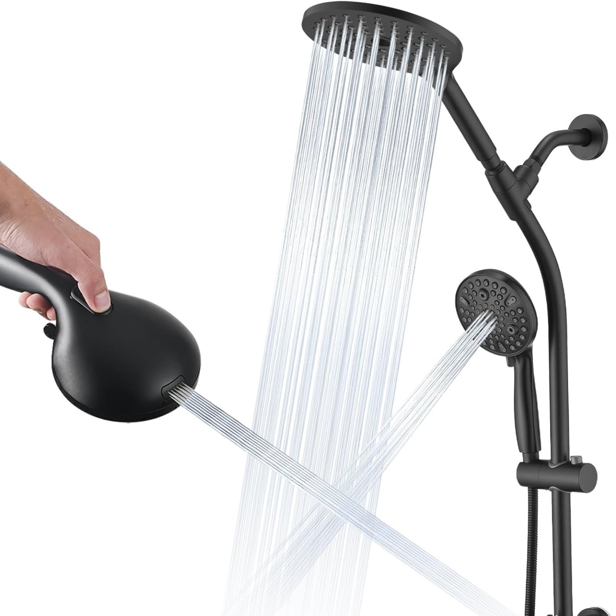 Vanityfus Dual Shower Head Set - 26 Inch Tool-Free Adjustable Slide Bar 10 Spray Settings and Handheld-Matte Black
