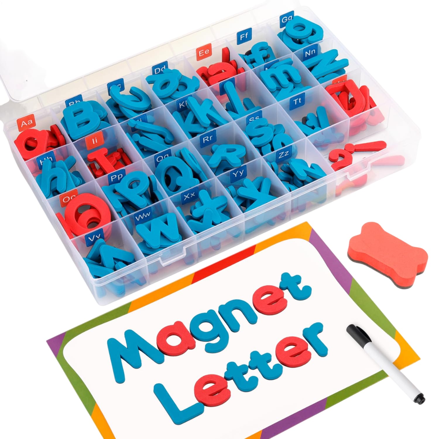 Etokfoks  251 pcs Foam Magnetic Alphabet Magnets Set with Double Sided Magnetic Board Marker Eraser Blue Red