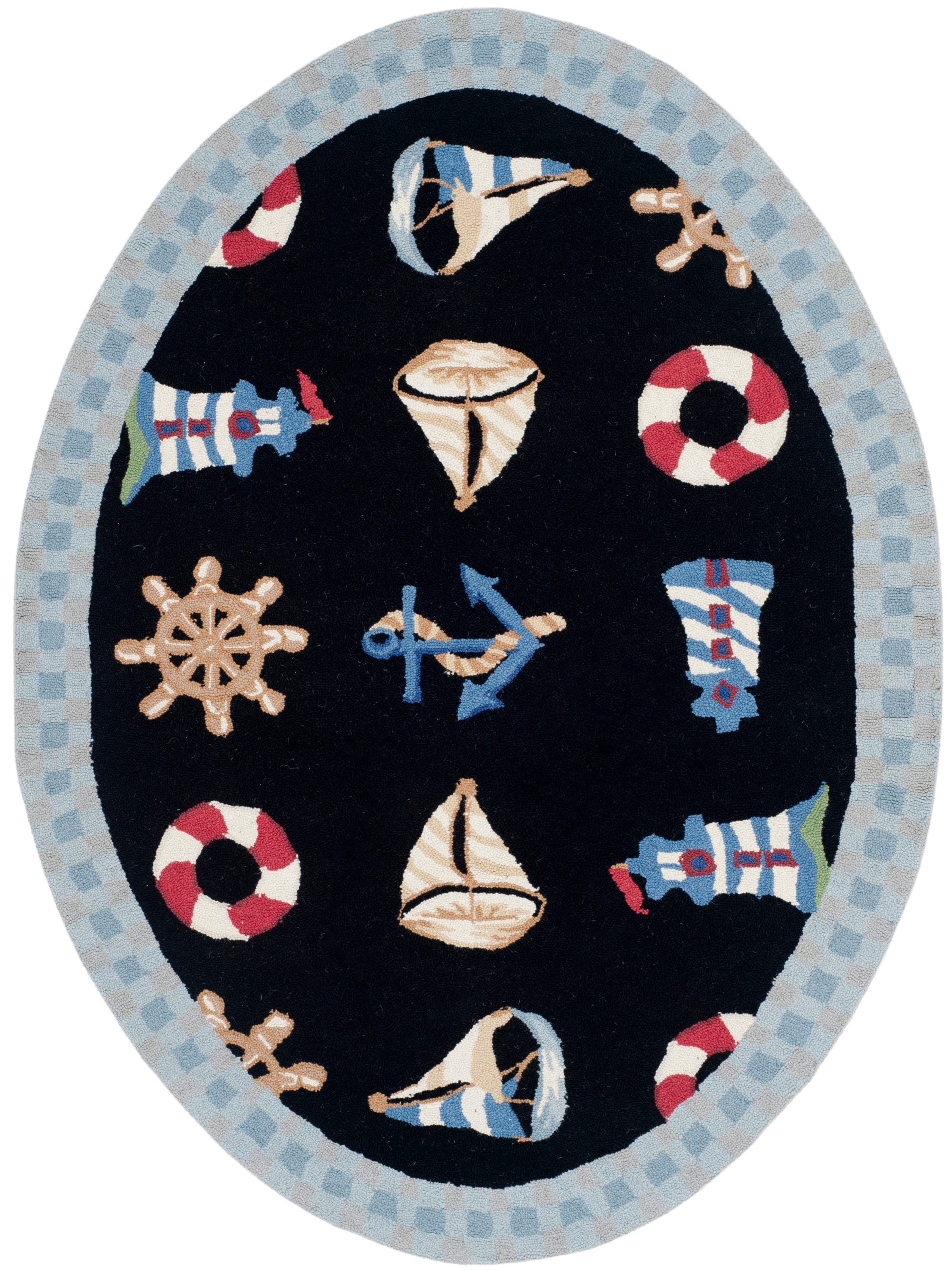 Safavieh HK239B-5OV Chelsea Beach Front 5 x 7 (ft) Hooked Wool Black/Blue Oval Indoor Area rug