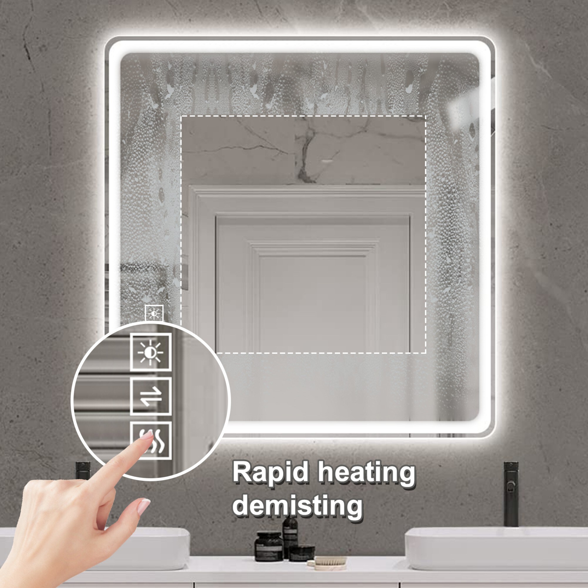 ToolCat SF1-15-YT 36-Inches x 36-Inches Polished Frameless Square Dimmable Lighted Fog Free Bathroom Vanity Mirror ( Silver )