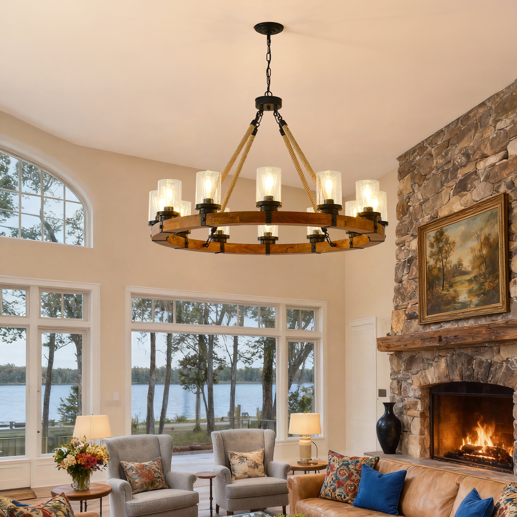 Tenleaf 40 Inch Farmhouse Chandelier with Seeded Glass Shade Round Wood for Dining Room Kitchen Island Foyer Entryway NO INCLUDED BULBS