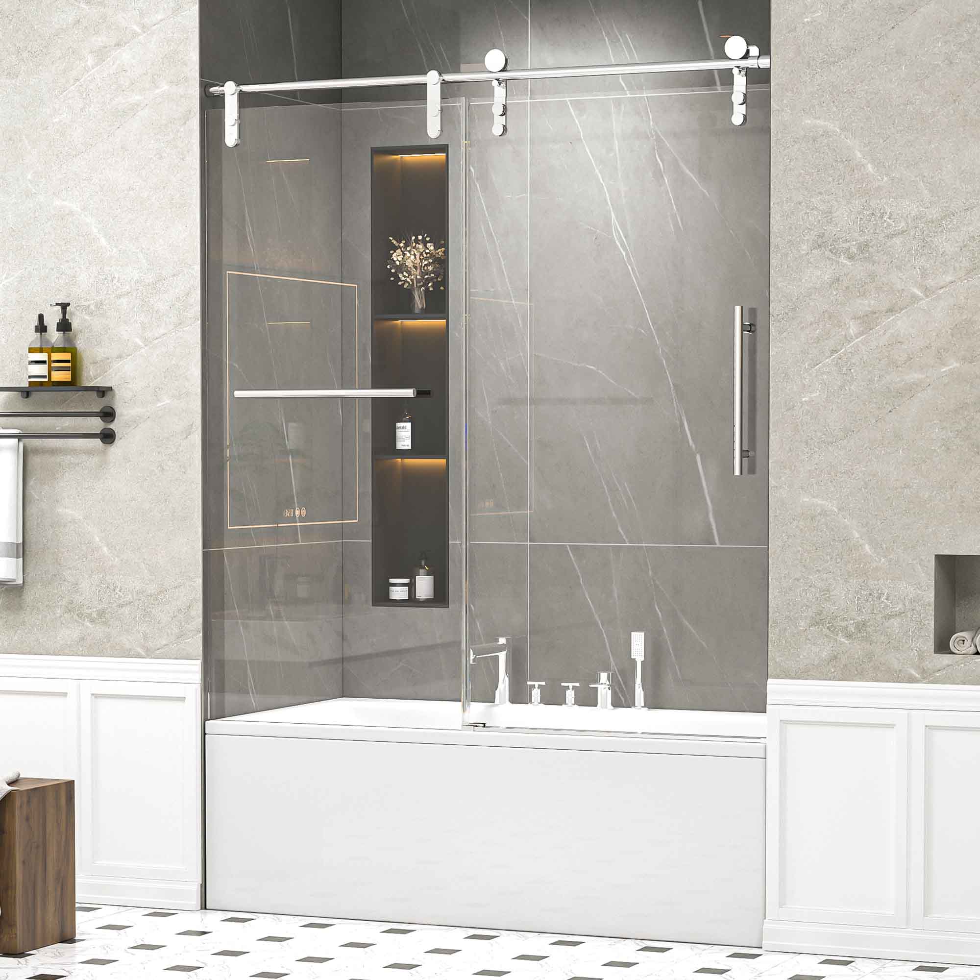 GDFStudio Modern 56-60 in.W x 66 in.H Frameless Sliding Shower Door with Towel Rail Handle and Auxiliary Handle 5/16 in. (8mm) Thick SGCC Tempered Glass and Easy Clean Glass - Chrome