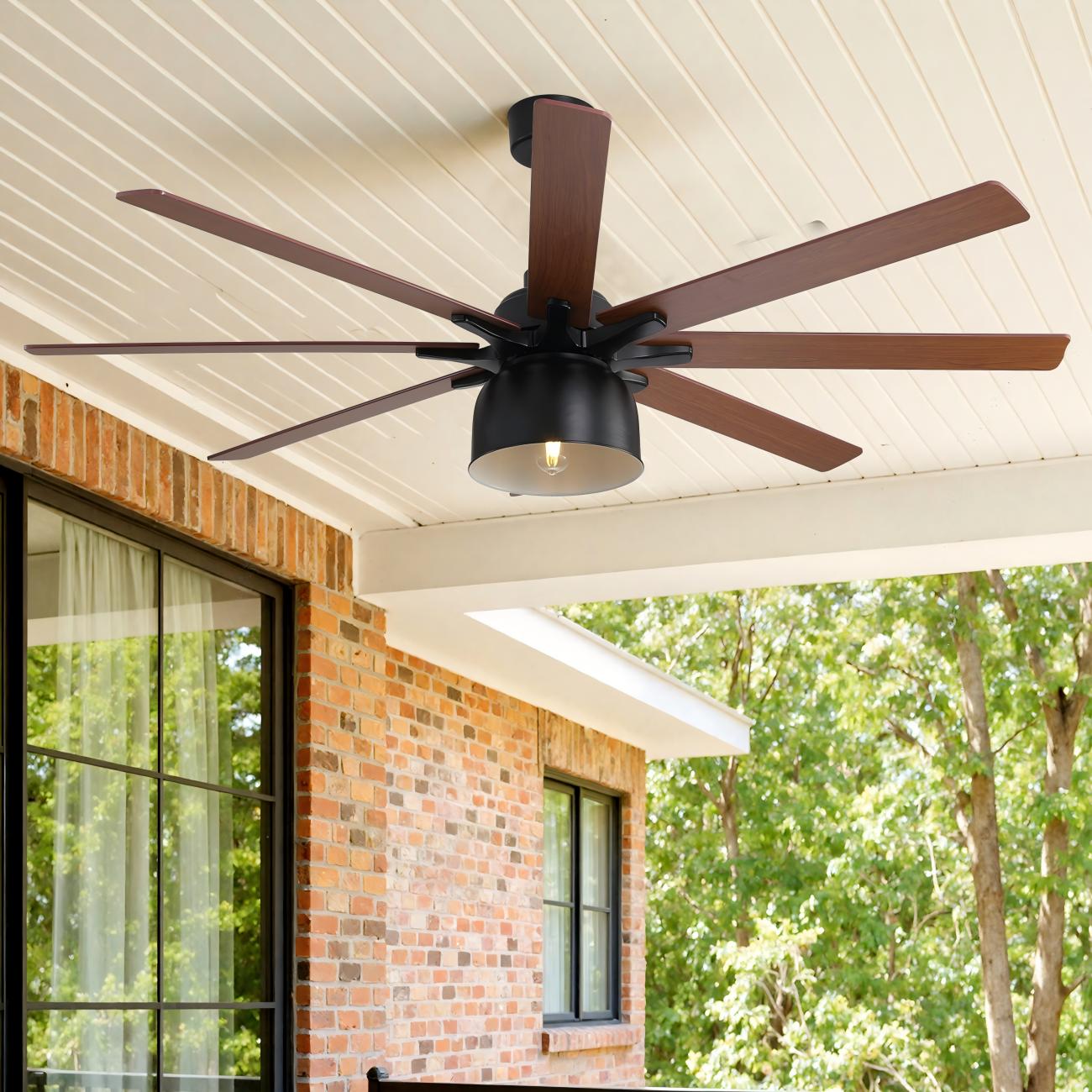 Sunrinx MG12-CF-4 66-in Outdoor Black with Beige Blades Ceiling Fan With Light - Remote Included ( 8 -Blade )