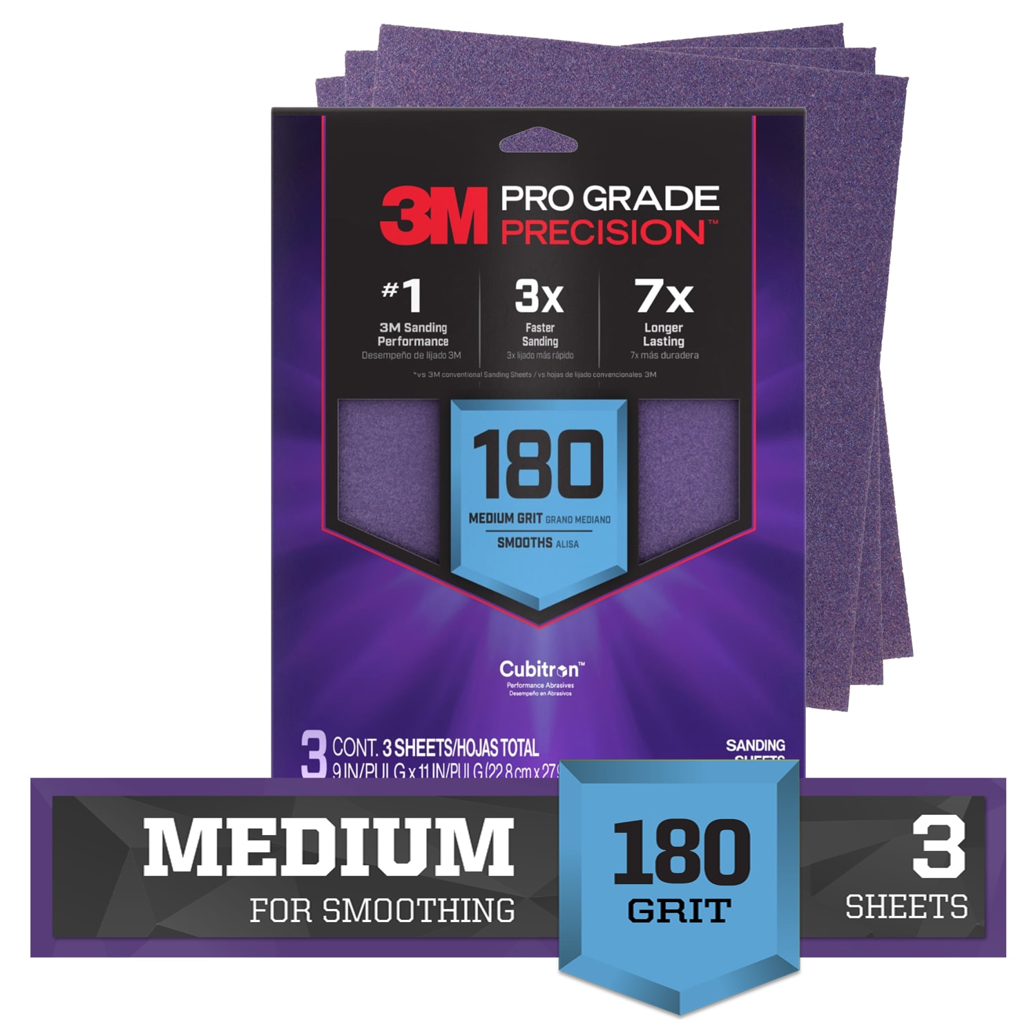 3M SHR180-PGP-3T PRO Grade Precision Fine 180 -Grit Sheet Sandpaper 11-in W x 9-in L 3 -Pack