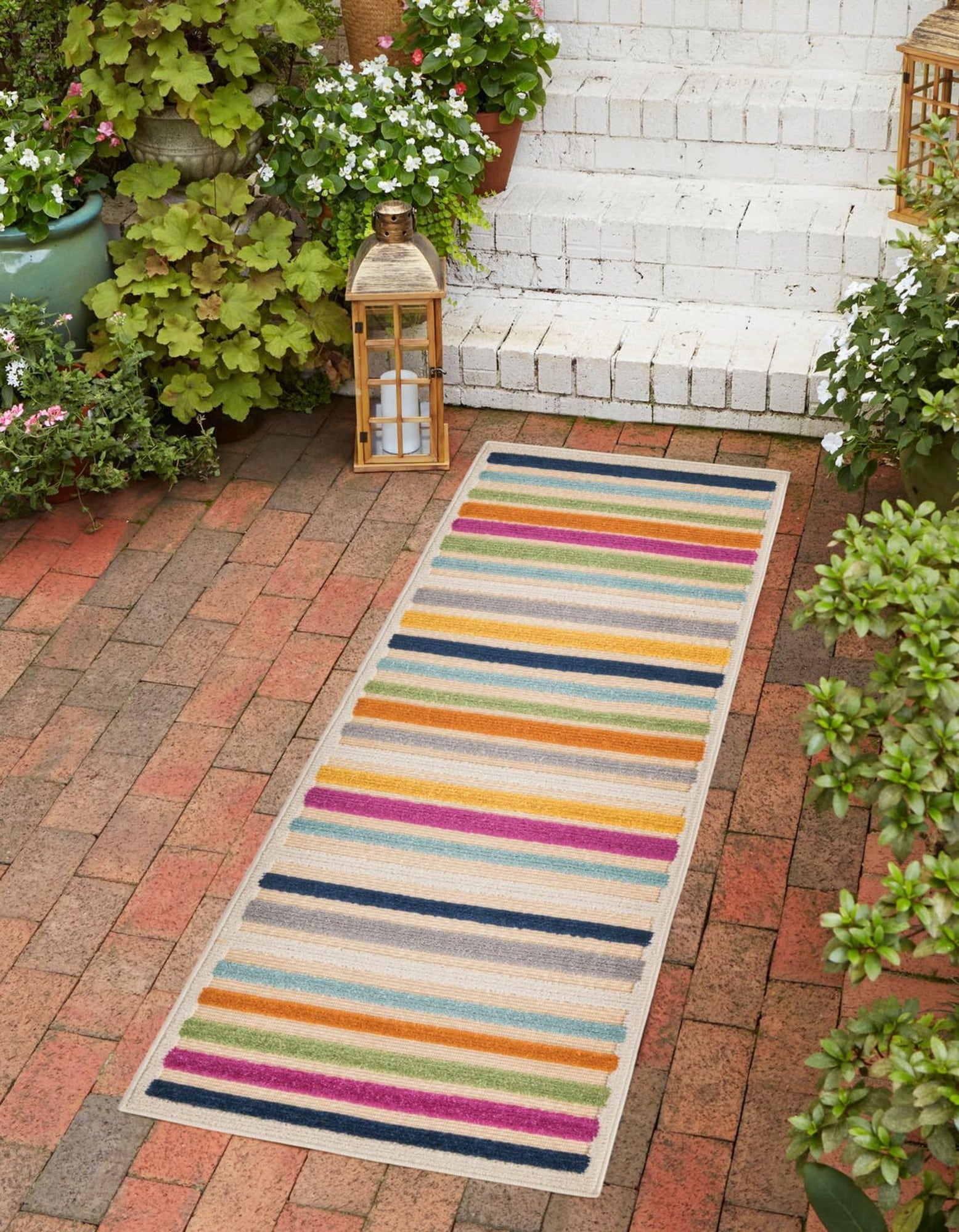 Unique Loom 3171088 Aruba Outdoor 2 x 10 (ft) Loomed Polypropylene Blue Rectangular Indoor/Outdoor Stripe Runner rug