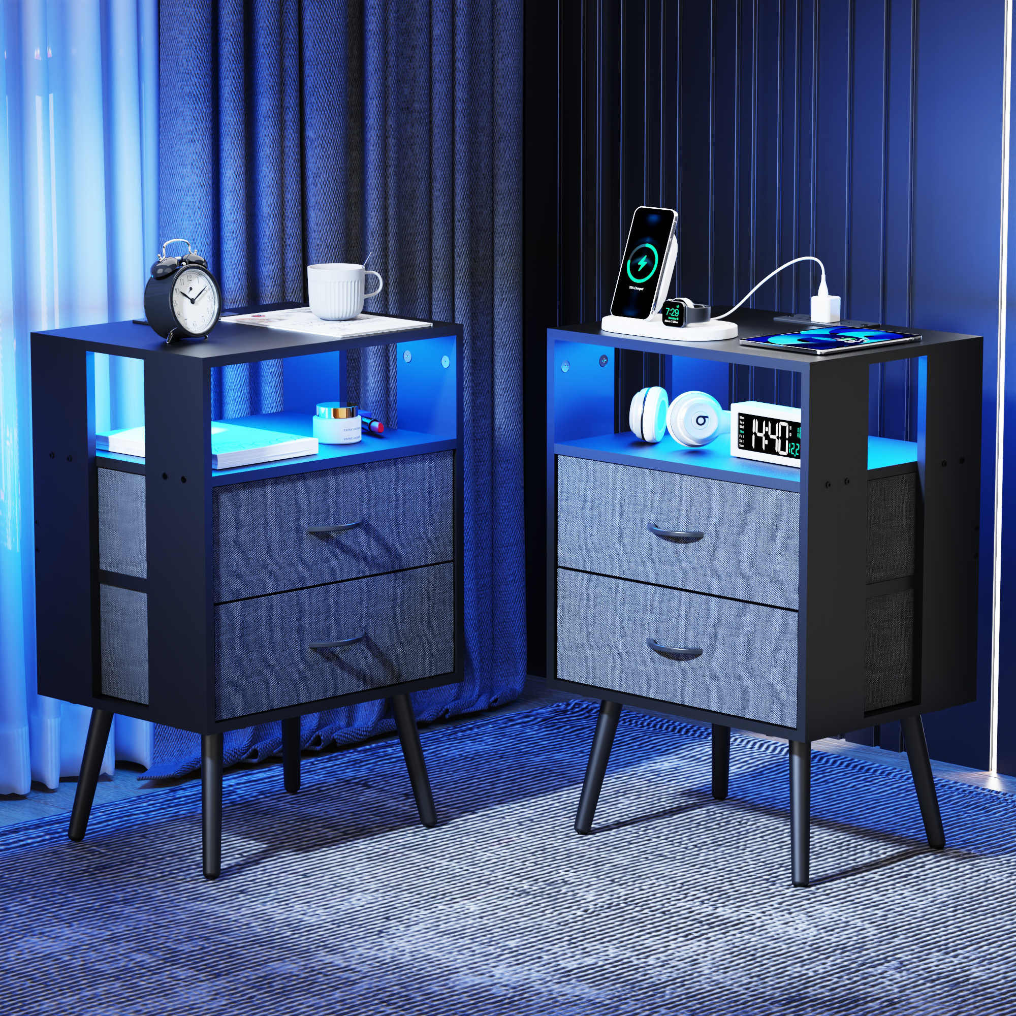 VERYKE LL-NSD036BK Modern 2-Piece Nightstand with LED Light and 2 Fabric Drawers
