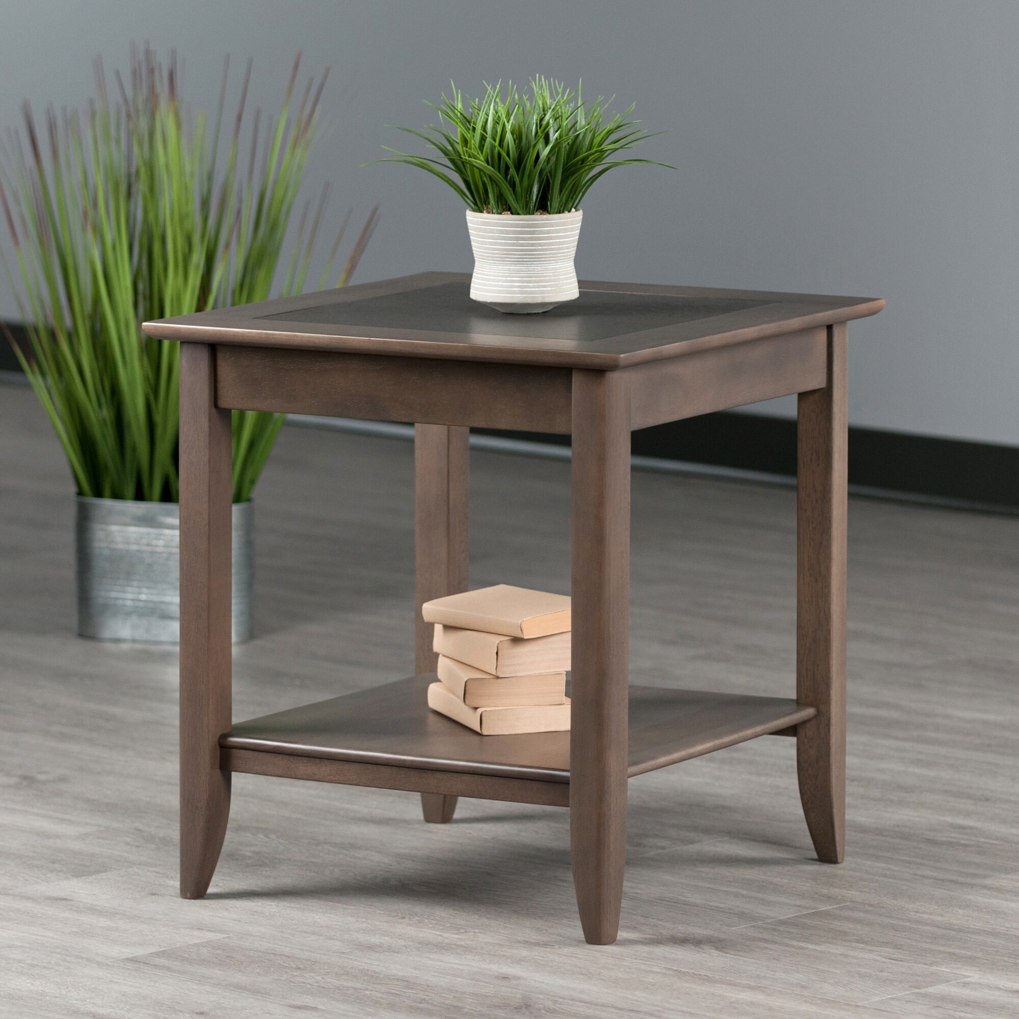 Santino Square Wood End Table in Oyster Gray with Darker Inlay