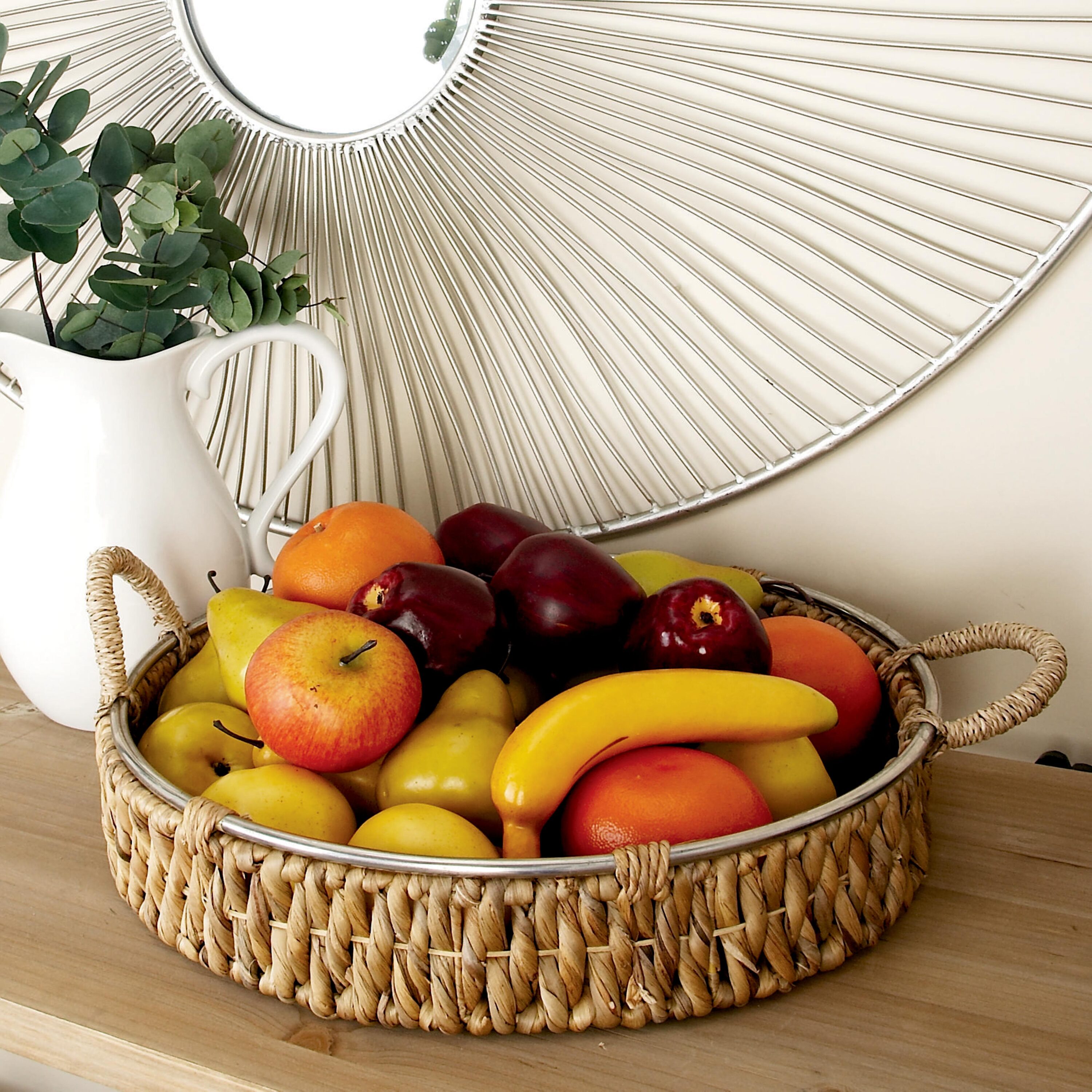 20" Round Natural Seagrass Woven Storage Basket Set with Metal Ring Handles