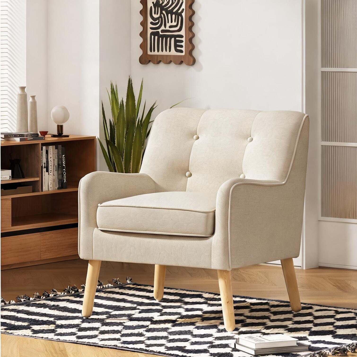 chillscreamni - Button-Tufted Linen Beige Accent Chair with Solid Wood Legs for Living Room