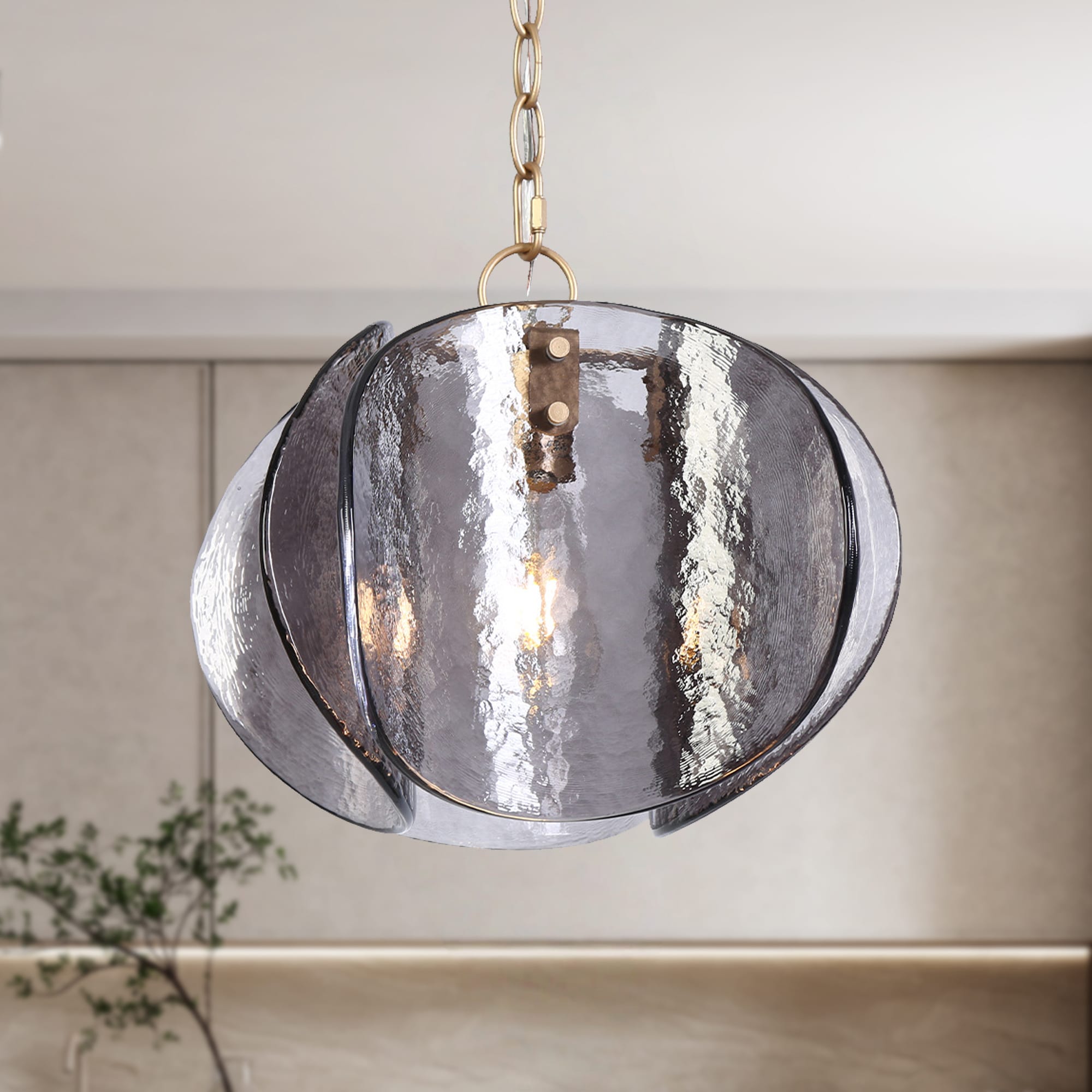 LNC HA05358 Rajinloosm 1 -Light Matte Gold and Smoky Gray Glass Modern/contemporary Textured glass Geometric Medium Hanging Kitchen island light