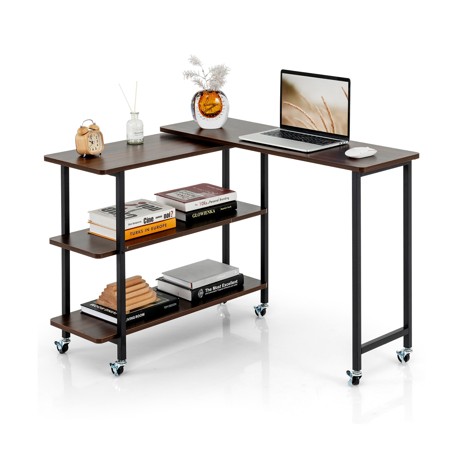 Slickblue D-CO-TW37401VH Industrial Brown/Walnut Wood Rotating Sofa Side Table with Storage Shelves for Living Room Bedroom or Office