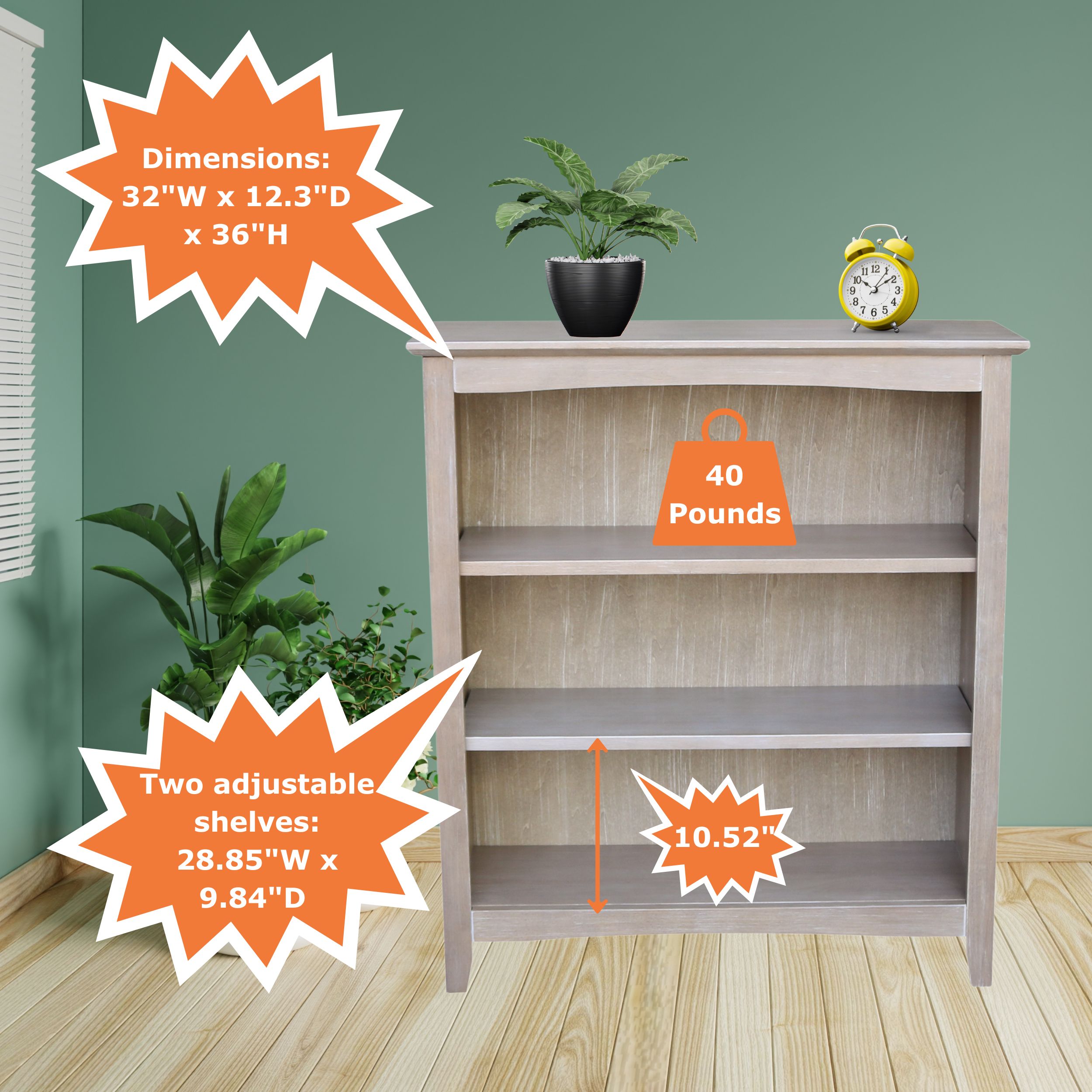 Transitional Solid Wood Adjustable 3-Shelf Bookcase in Washed Gray Taupe