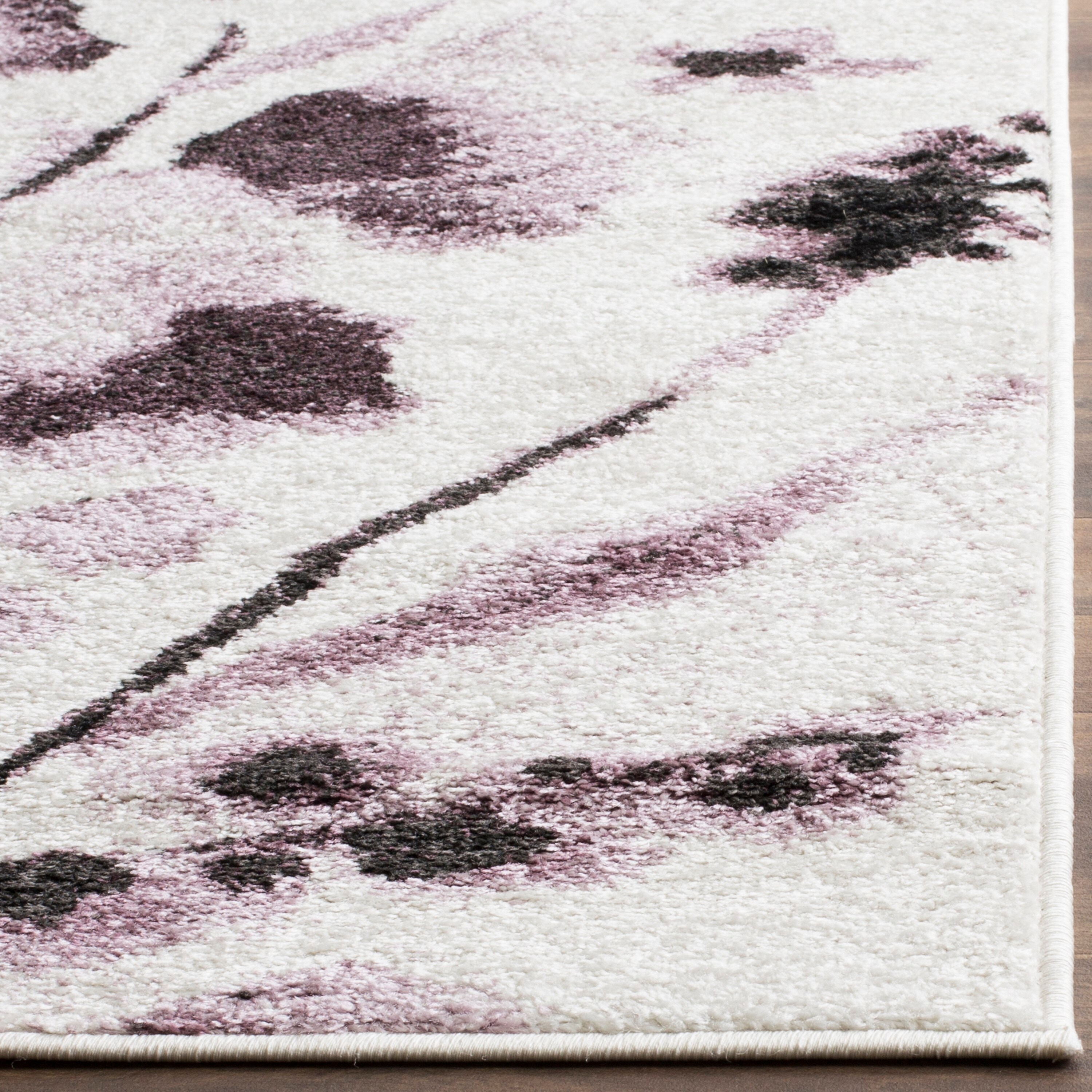 Ivory and Purple Floral Square Synthetic Area Rug