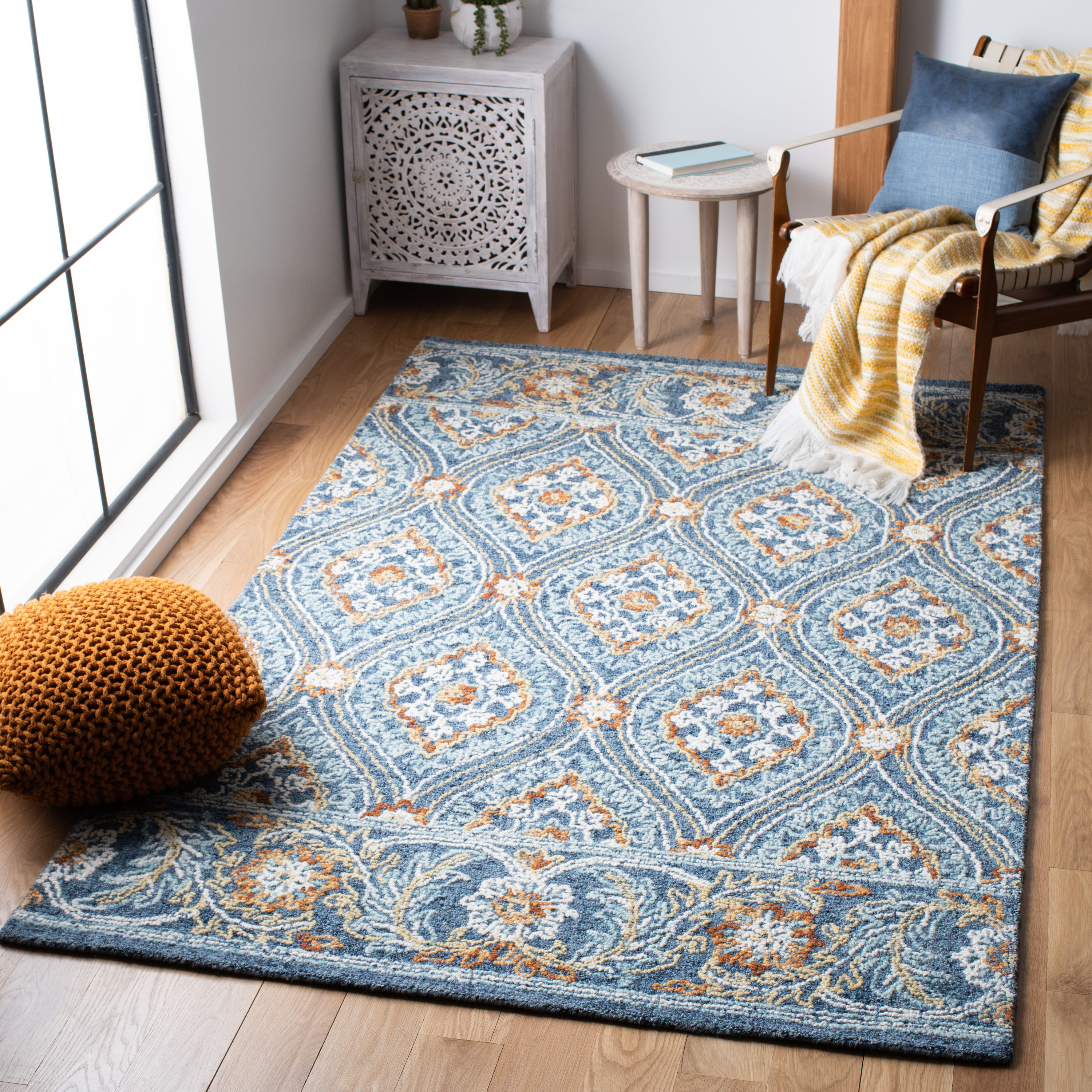 Handmade Floral Navy & Yellow Wool Area Rug 5' x 8'