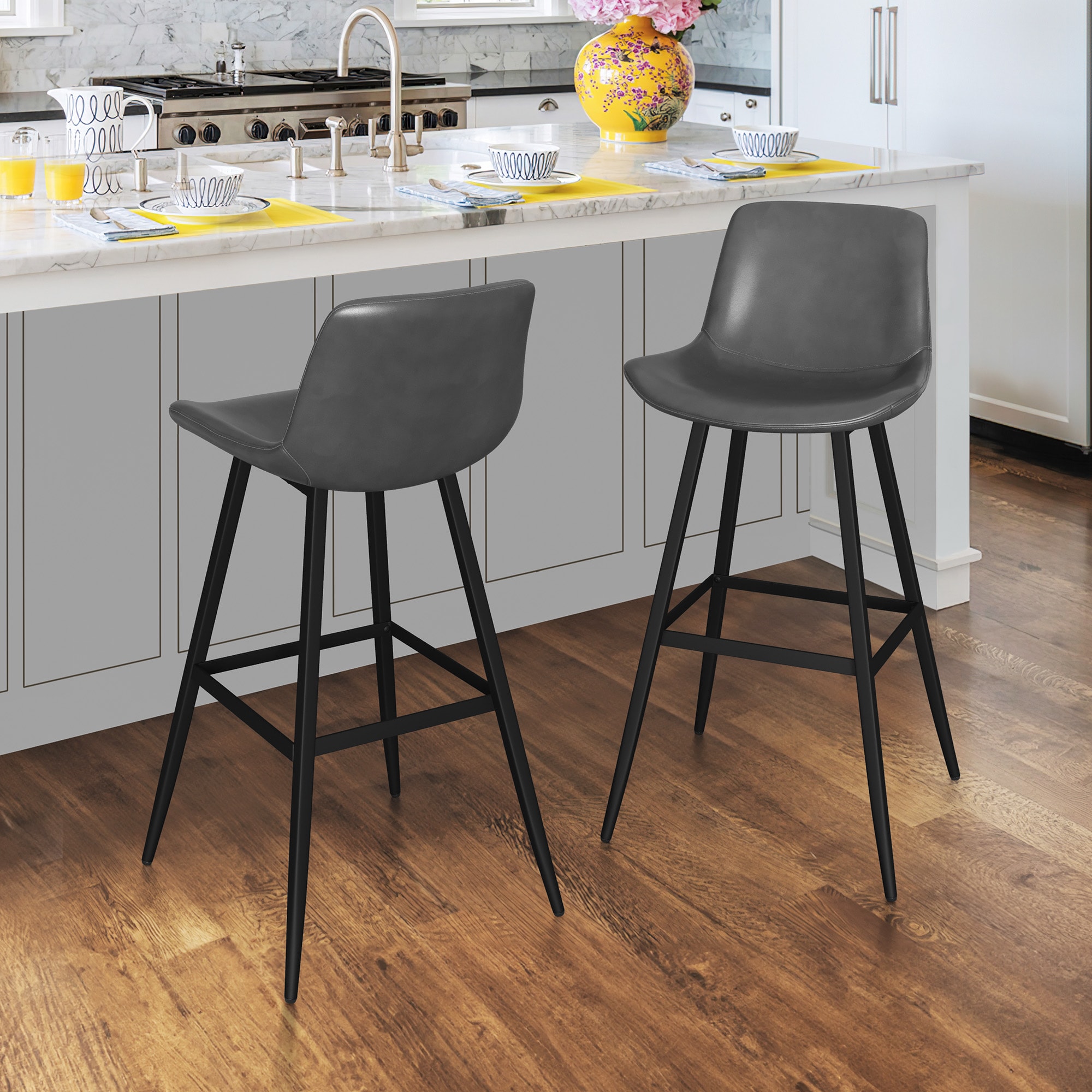 LUE BONA 2LB22CH0030-400LS Set of 2 Dark Gray 30-in H Bar height (28-in to 33-in) Bucket Seat Upholstered Metal Back Bar Stool Back