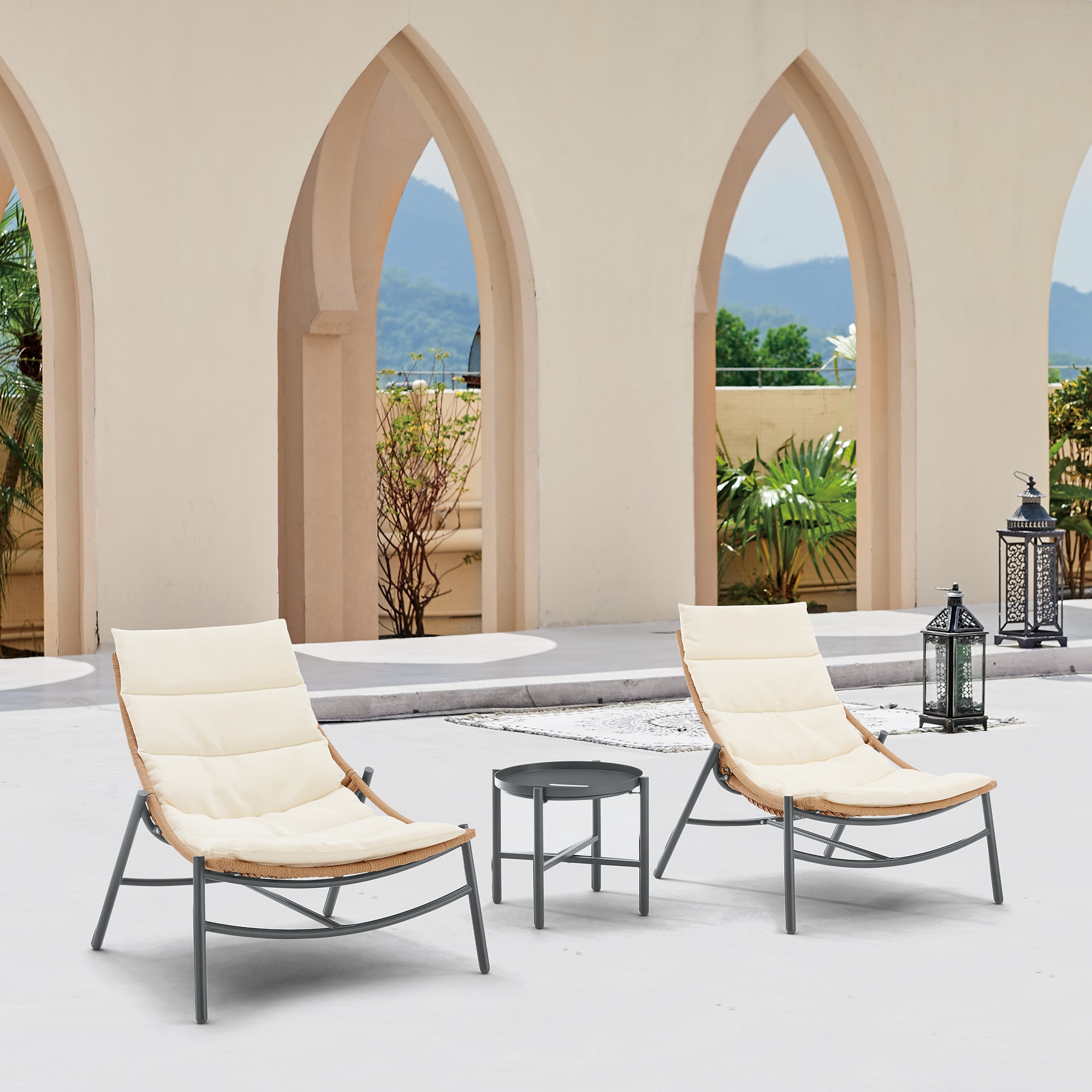 Manhattan Comfort OD-CV021-CR Benson 3 -Piece Patio Conversation Set with Off-white Cushions