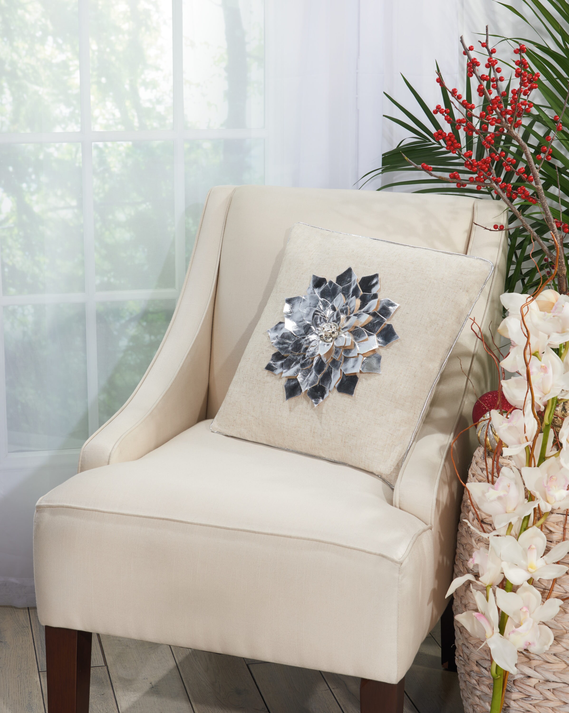 Lighted Embroidered Holiday Throw Pillows - Poinsettia