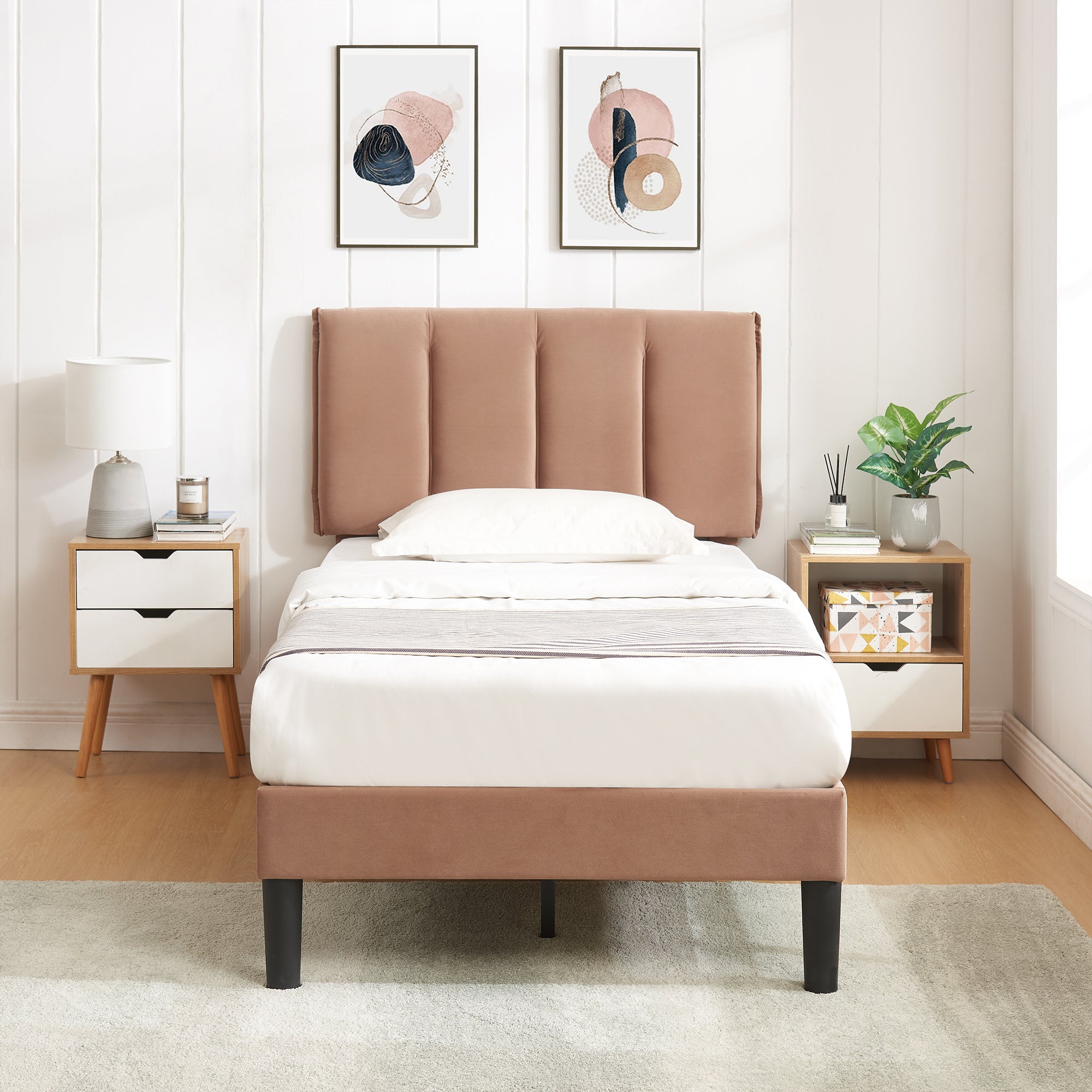 Vecelo LOE-CY-TB04-CFE Twin Bed Frame with Upholstered Adjustable Headboard Heavy Duty Platform Bed Frame with Strong Wooden Slats Support Coffee