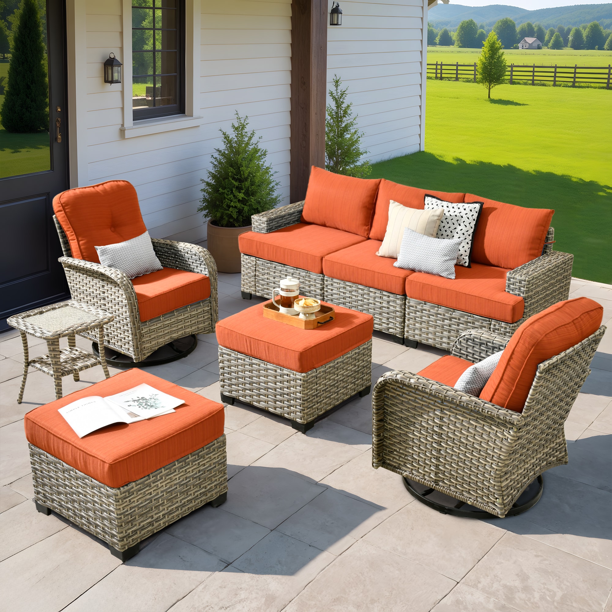 XIZZI XITBS8063-VNCRC Agate 6 -Piece Rattan Patio Sofa Conversation Set with Orange Cushions