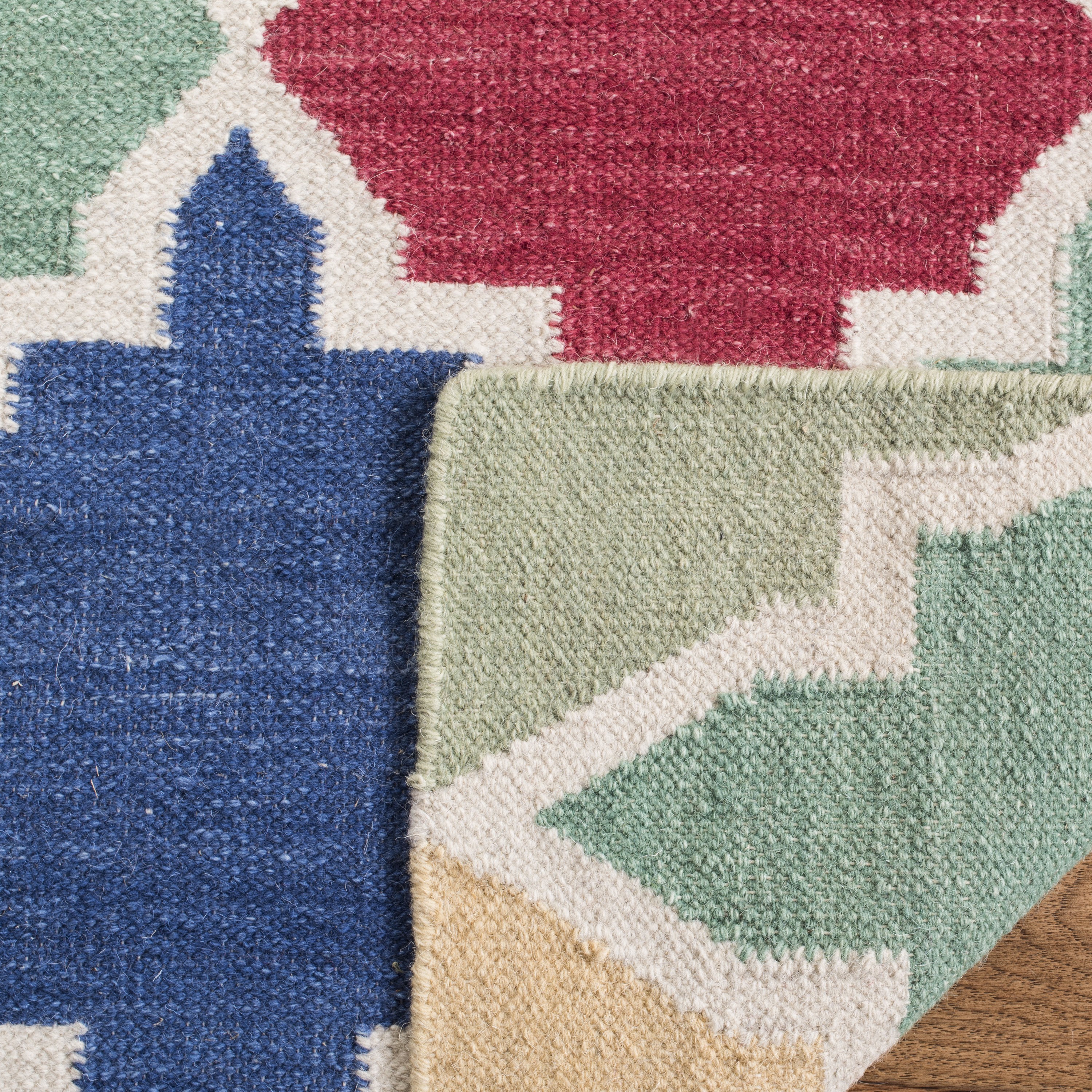 Blue and Multi Geometric Wool Flat Woven Area Rug, 3' x 5'
