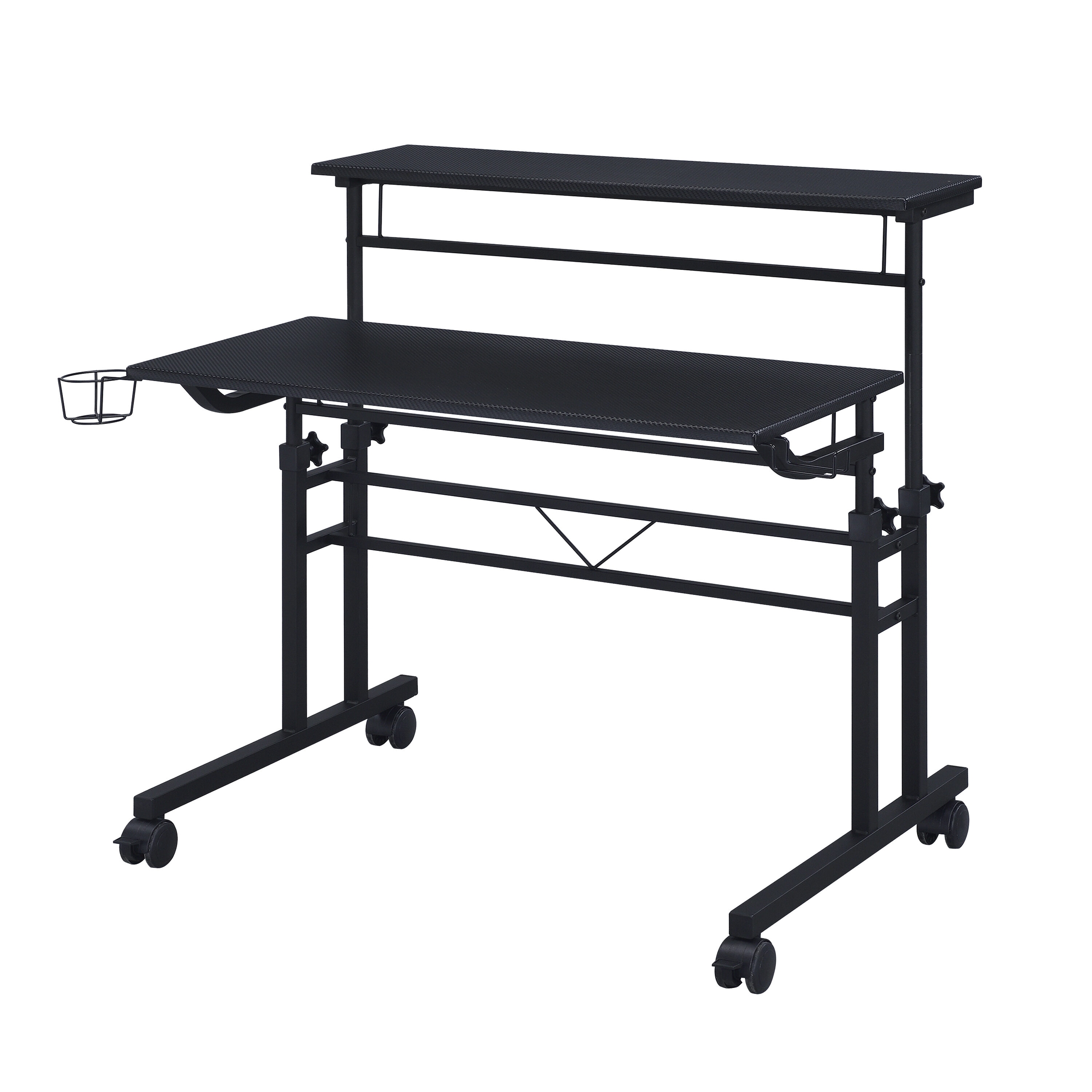 Adjustable Height Black Mobile Writing Desk with Cup Holder and Headphone Hook