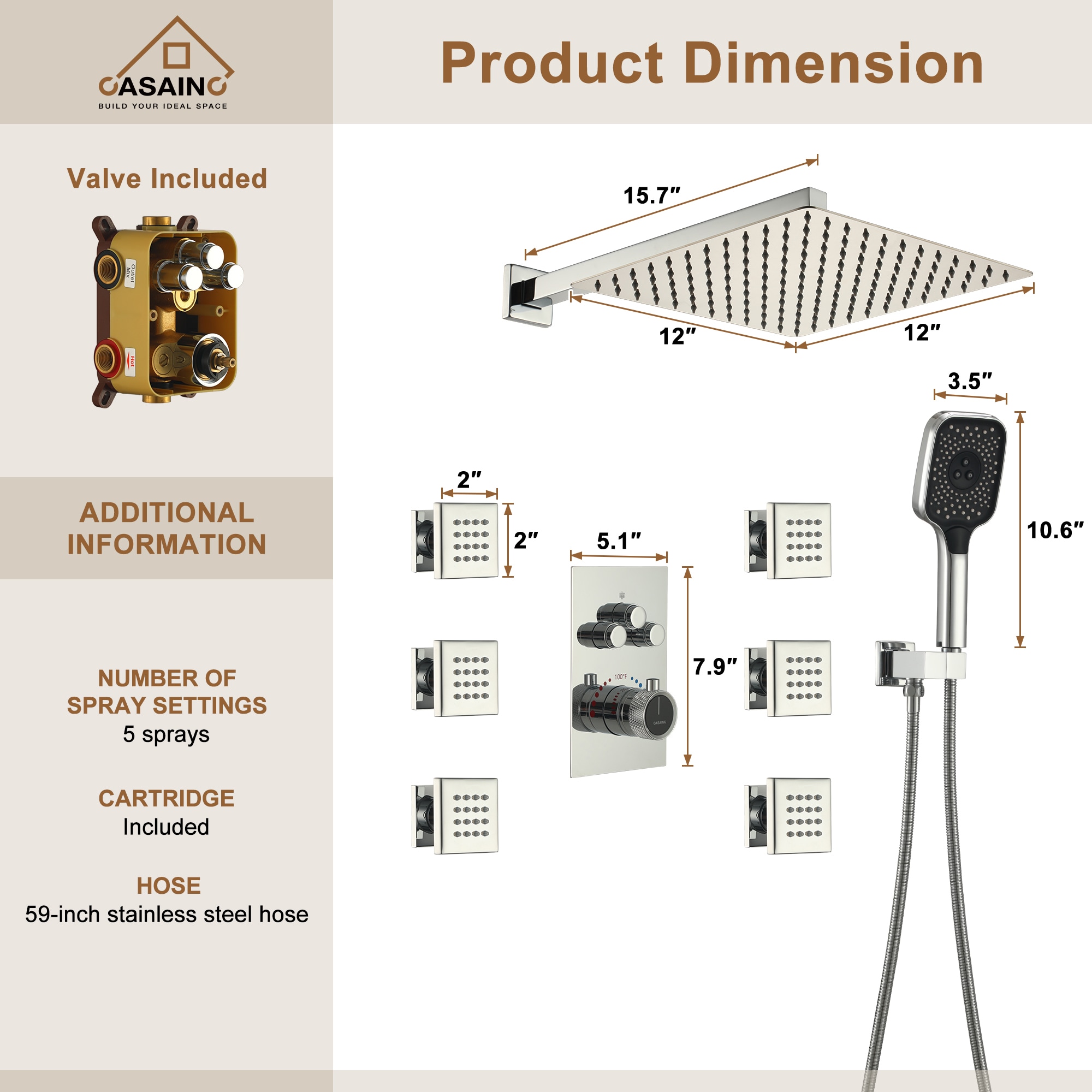 CASAINC CS6219-12CH Showerhead-Bar-Panels - View #4
