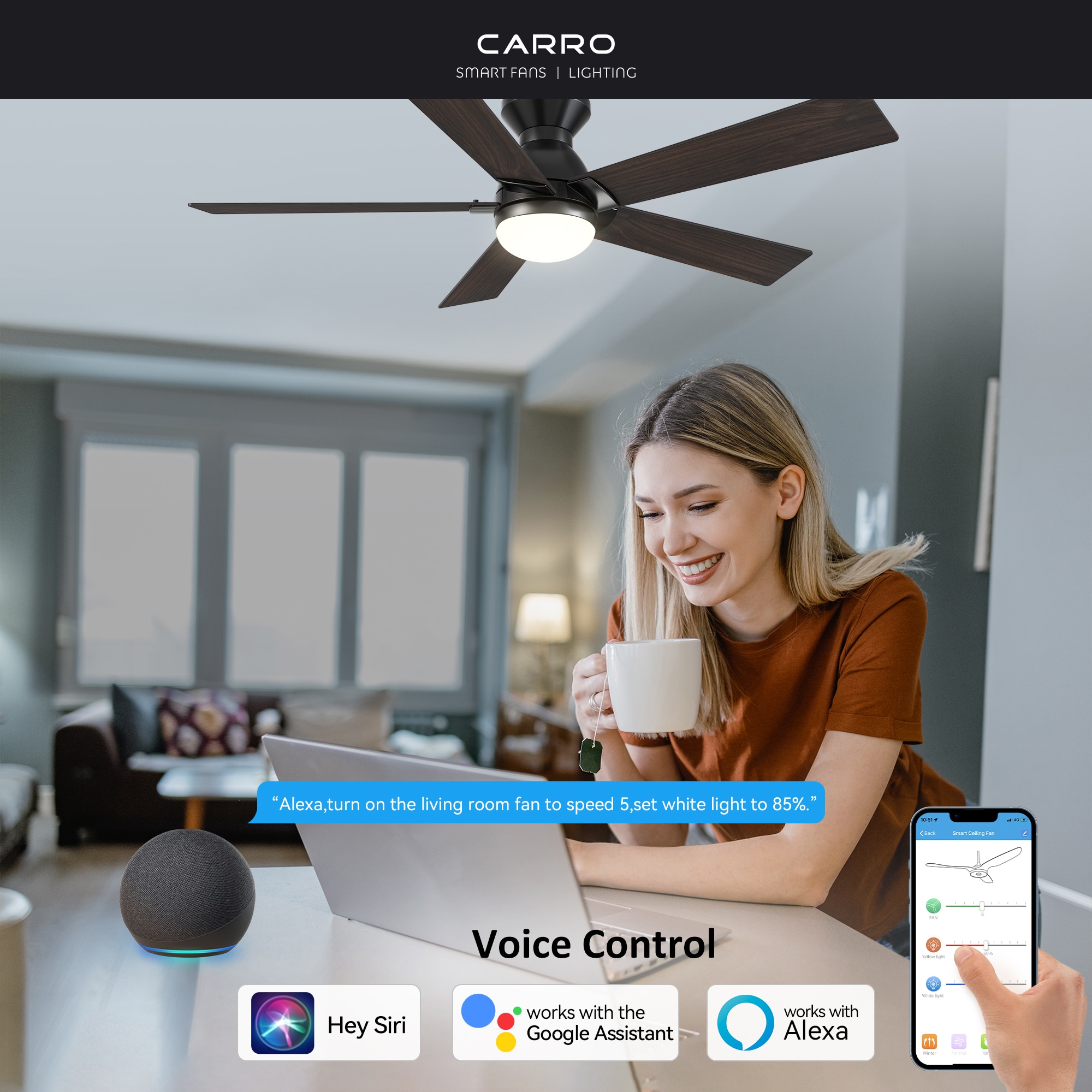 CARRO USA Aspen 52-in Black with Wooden/Walnut Blades Indoor/Outdoor Flush Mount Smart Ceiling Fan with Light and Remote (5-Blade) LS525J1-L21-BG-1-FM Sansujyuku sansujyuku.com