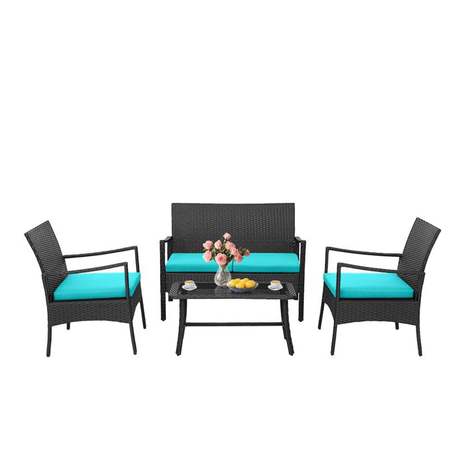 AHIOU HOME ZAAHD-HQ7YAGPS Eureka 4 -Piece Rattan Patio Conversation Set with Light Blue Cushions