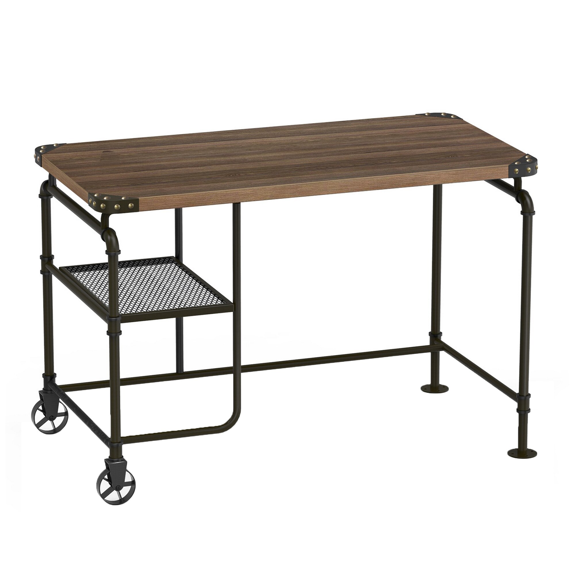 Industrial Wood and Metal Desk with 2 Shelves Brown - Benzara