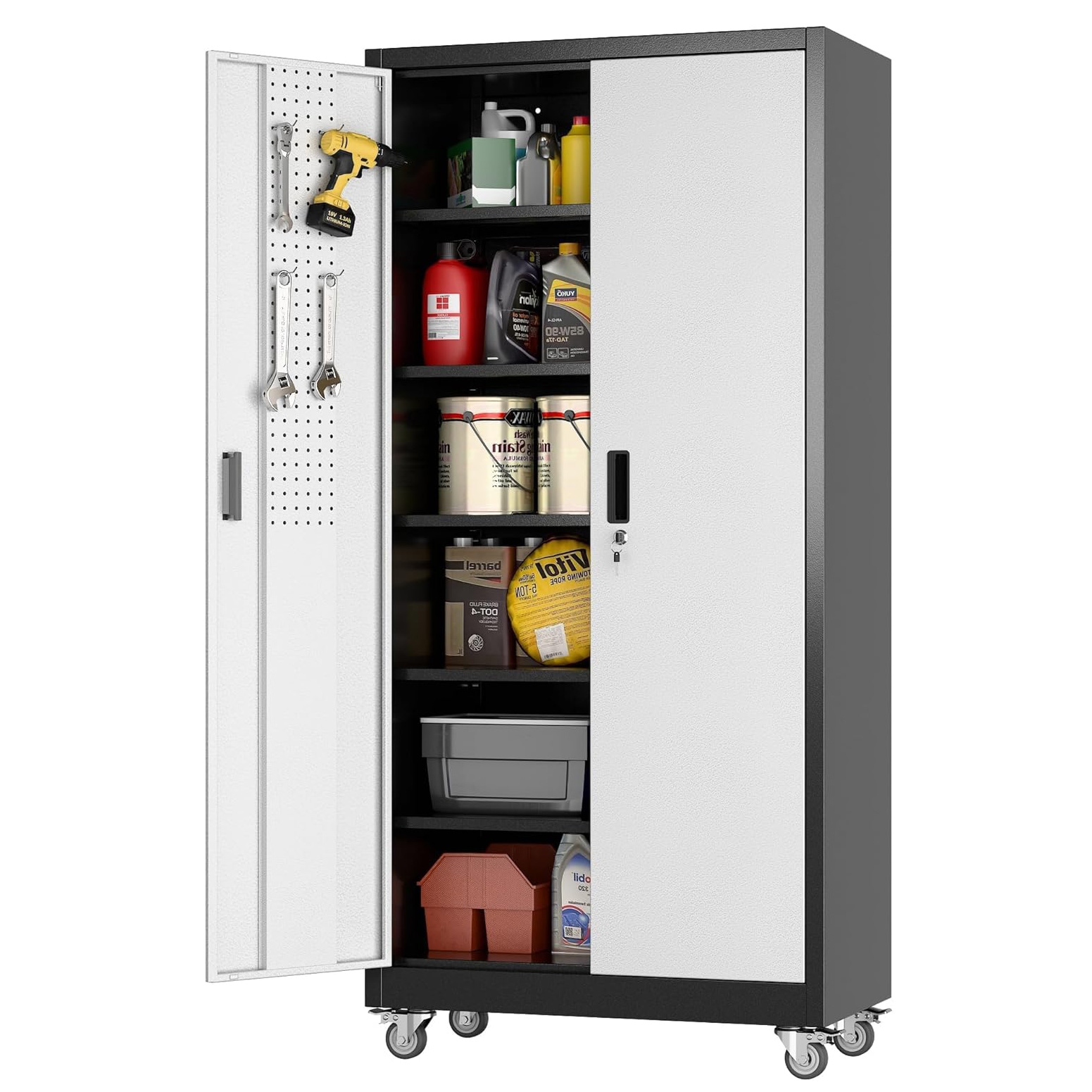 Boyel Living Metal Garage Storage Cabinet with Pegboard Lockable Tool Organizer and 5 Adjustable Shelves Black Silver