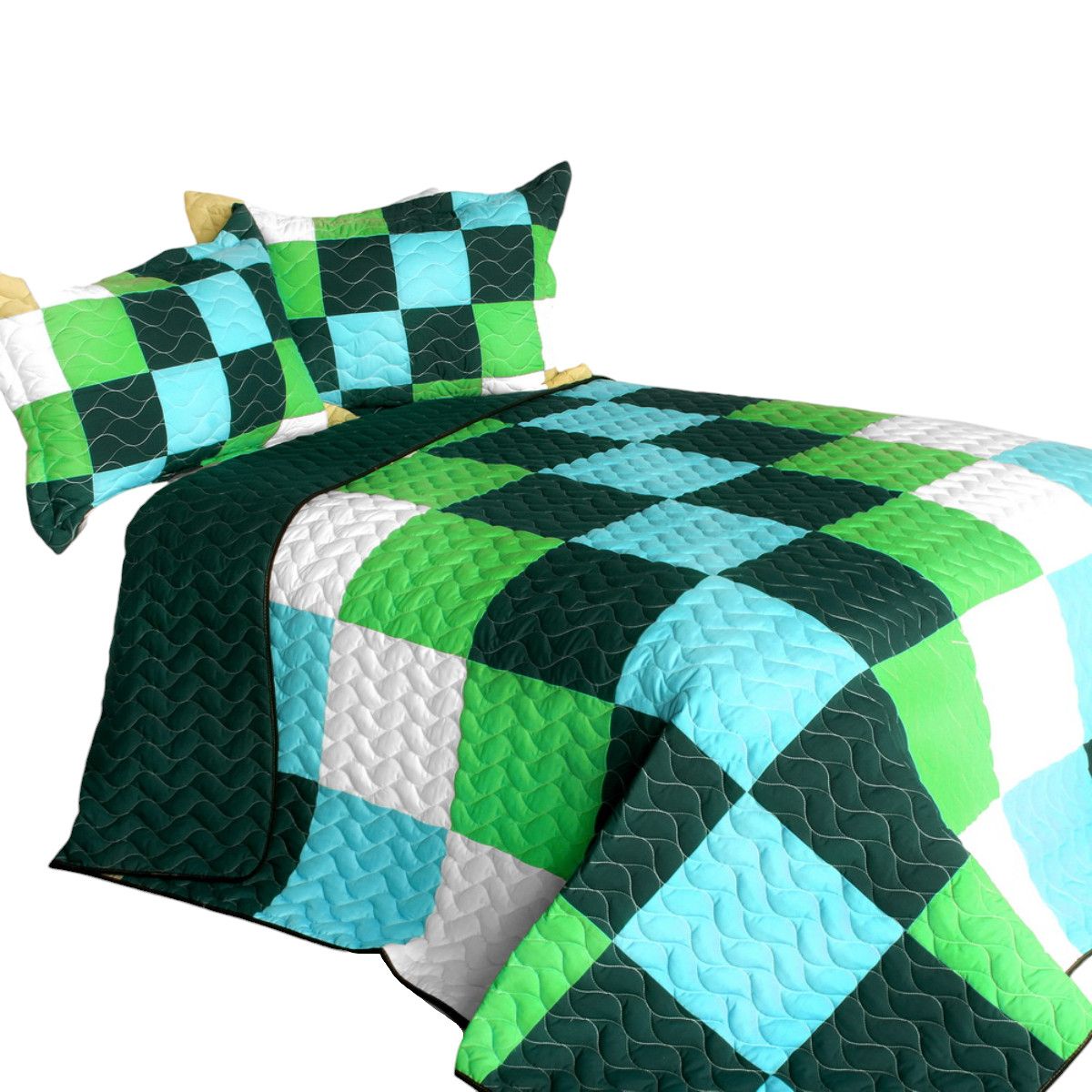 Slickblue 3 Piece TC Fabric Full/Queen Quilt Set Vermicelli Quilted Patchwork Reversible Machine Washable for Bedroom Guest Room or Dorm Room - Green/Multicolor